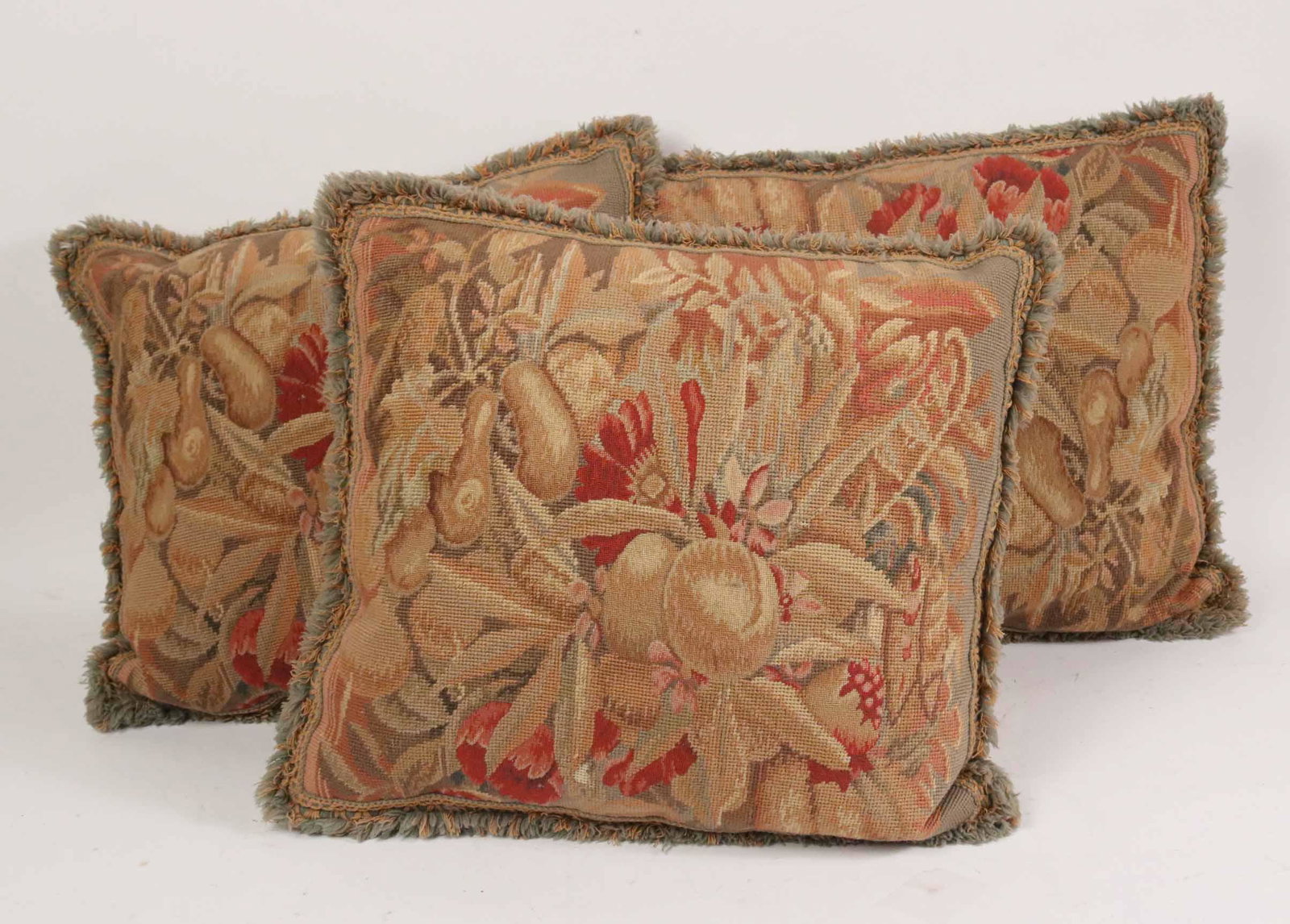 Three Aubusson Style Needlework Throw Pillows: 18-1/2"h x 21"w