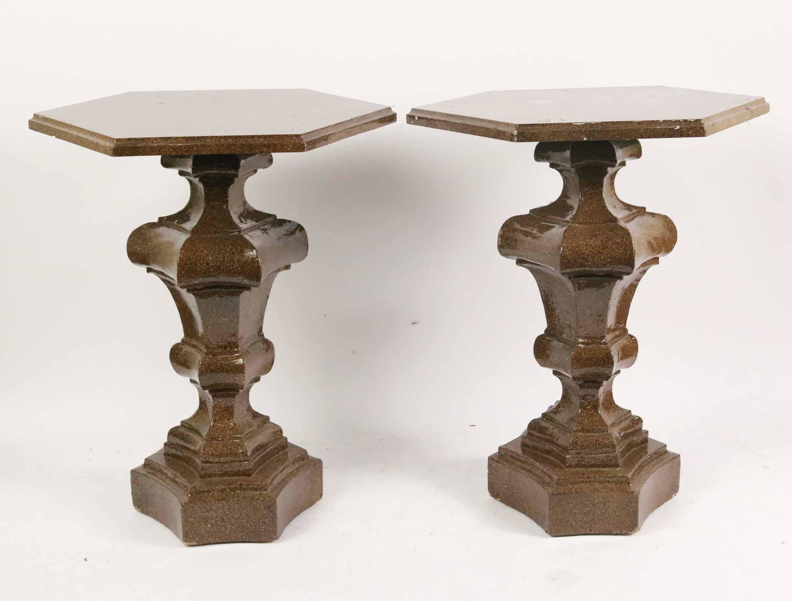 Pair of Marbleized Wood Hexagonal Side Tables: Chips and losses. 21-1/2"h x 16"dia.