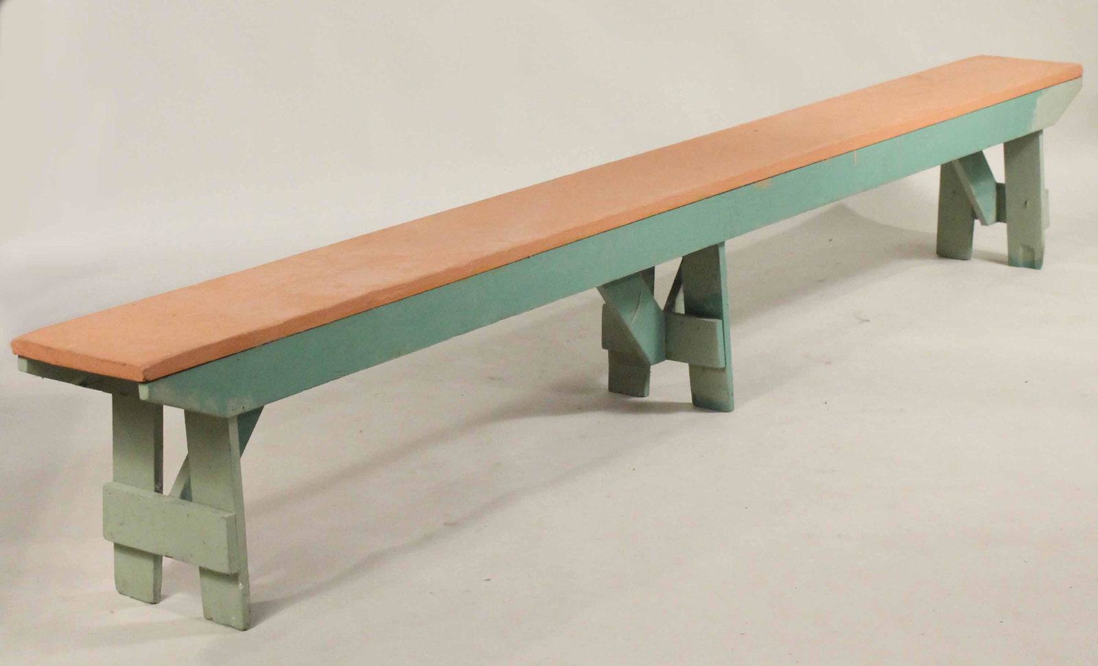 Pink-and-Green Painted Pine Bench: 20th C., of impressive size. 18-1/2"h x 10'l x 11-1/2"d Provenance: The Collection of the Estate of Elayne and Monroe Weinstein, Poughkeepsie, NY.