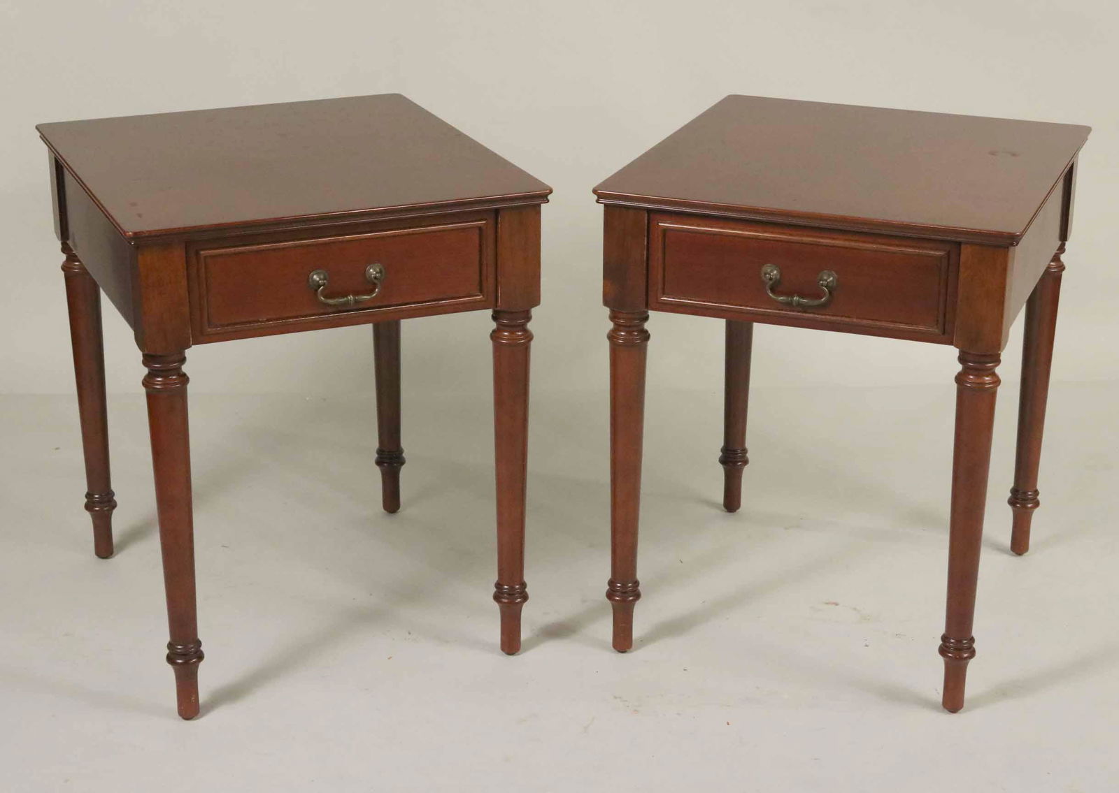 Pair of Federal Style Mahogany Side Tables: 20th C., with one drawer. 25-1/4"h x 23-1/2"w x 21"d
