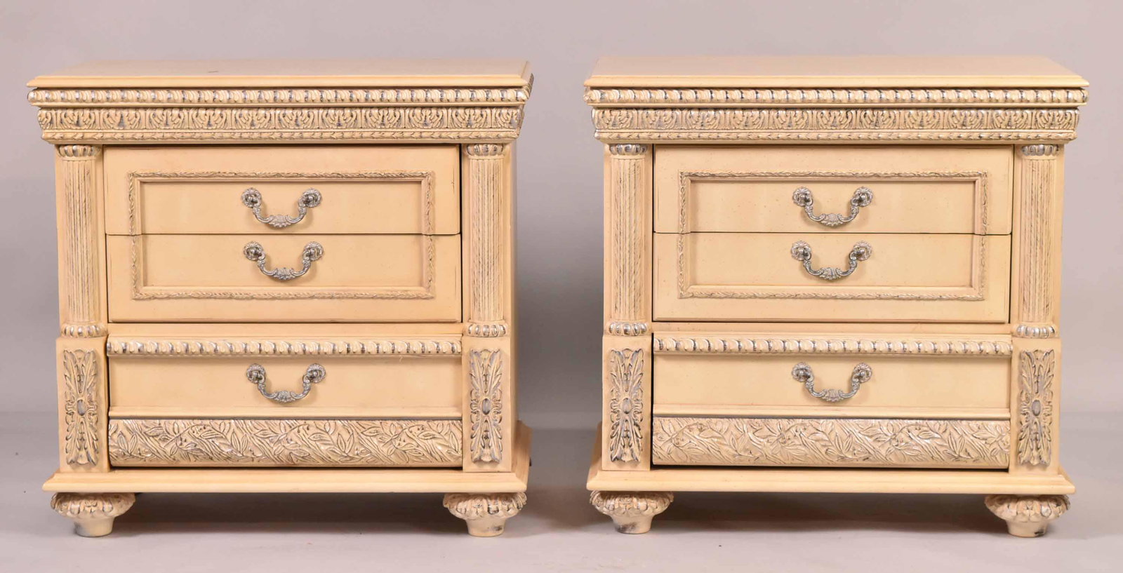 Pair of Renaissance Style Painted Bedside Cabinet: 20th C. 31-1/2"h x 33"w x 17-1/2"d