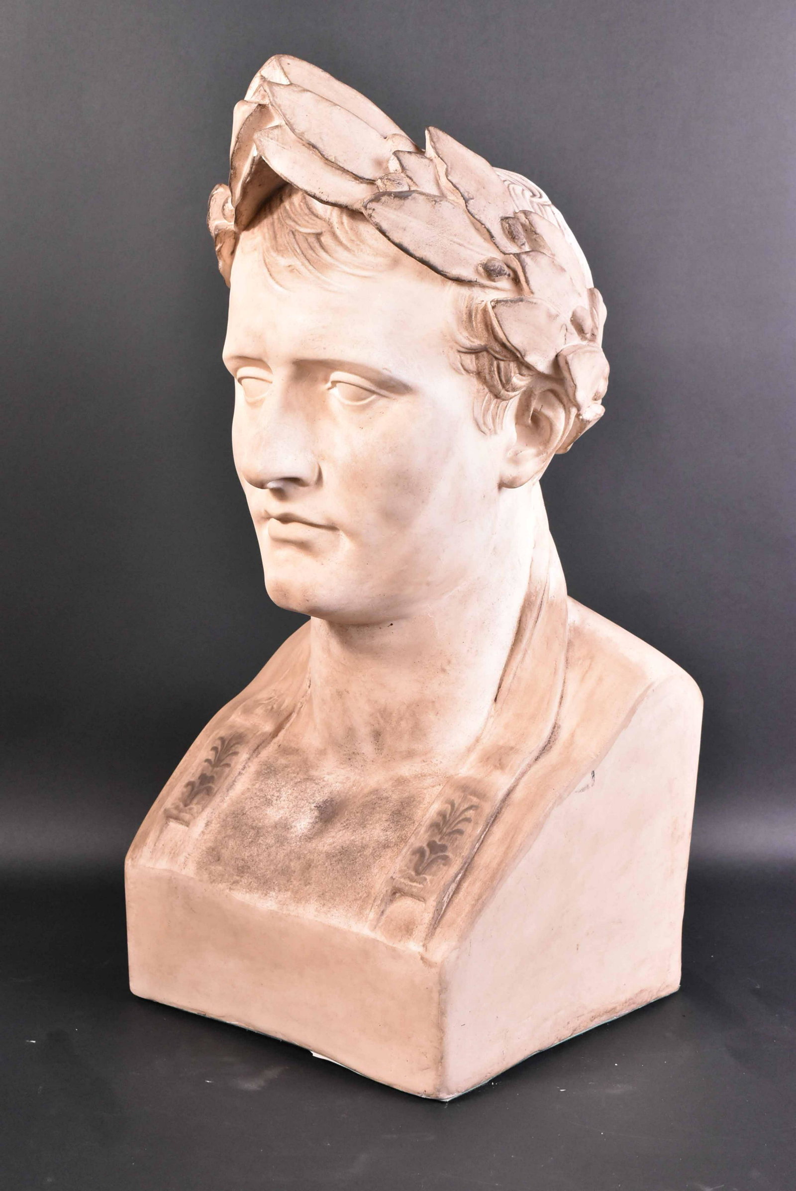 Large Plaster Bust of Emperor Napoleon: 20th C. Chips to plaster. 25"h x 11-1/2"w x 10-3/4"d