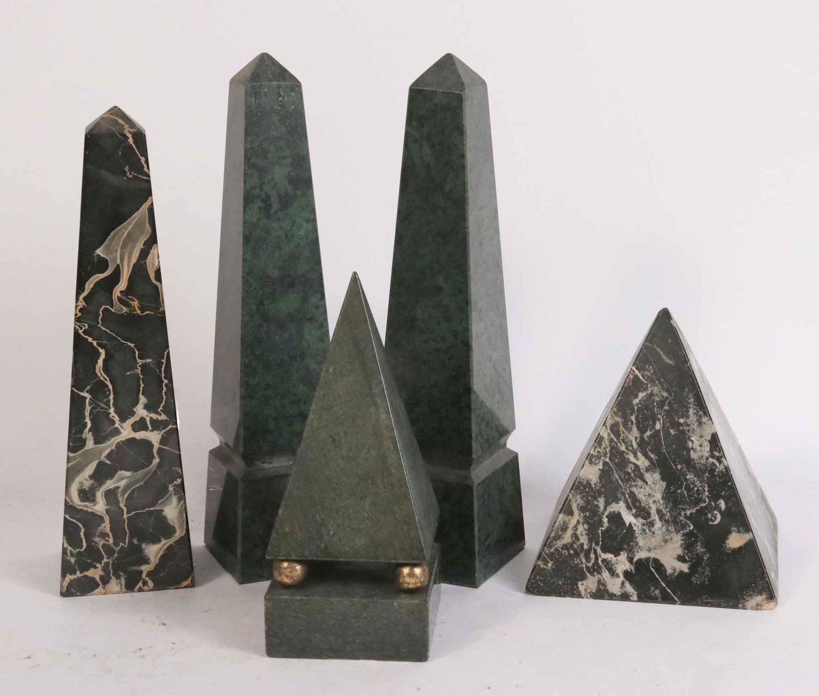 Five Marble Obelisks and Pyramids: Green and black stones. From: 5-1/2"h to 10"h