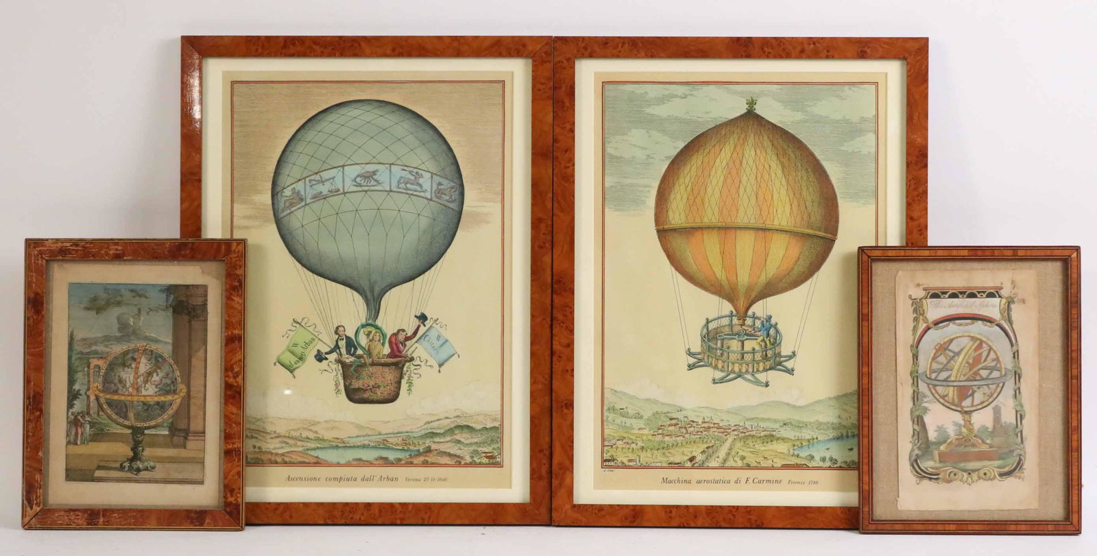 Pair of Lithographs of Hot Air Balloons: Together with a set of prints of armillary spheres, titled "The Artificial Sphere" and "Globe Celeste." Tears and losses. Sight sizes: 14-3/4"h x 10-1/4"w and 8-1/2"h x 5"w, 8-1/2"h x 6"w