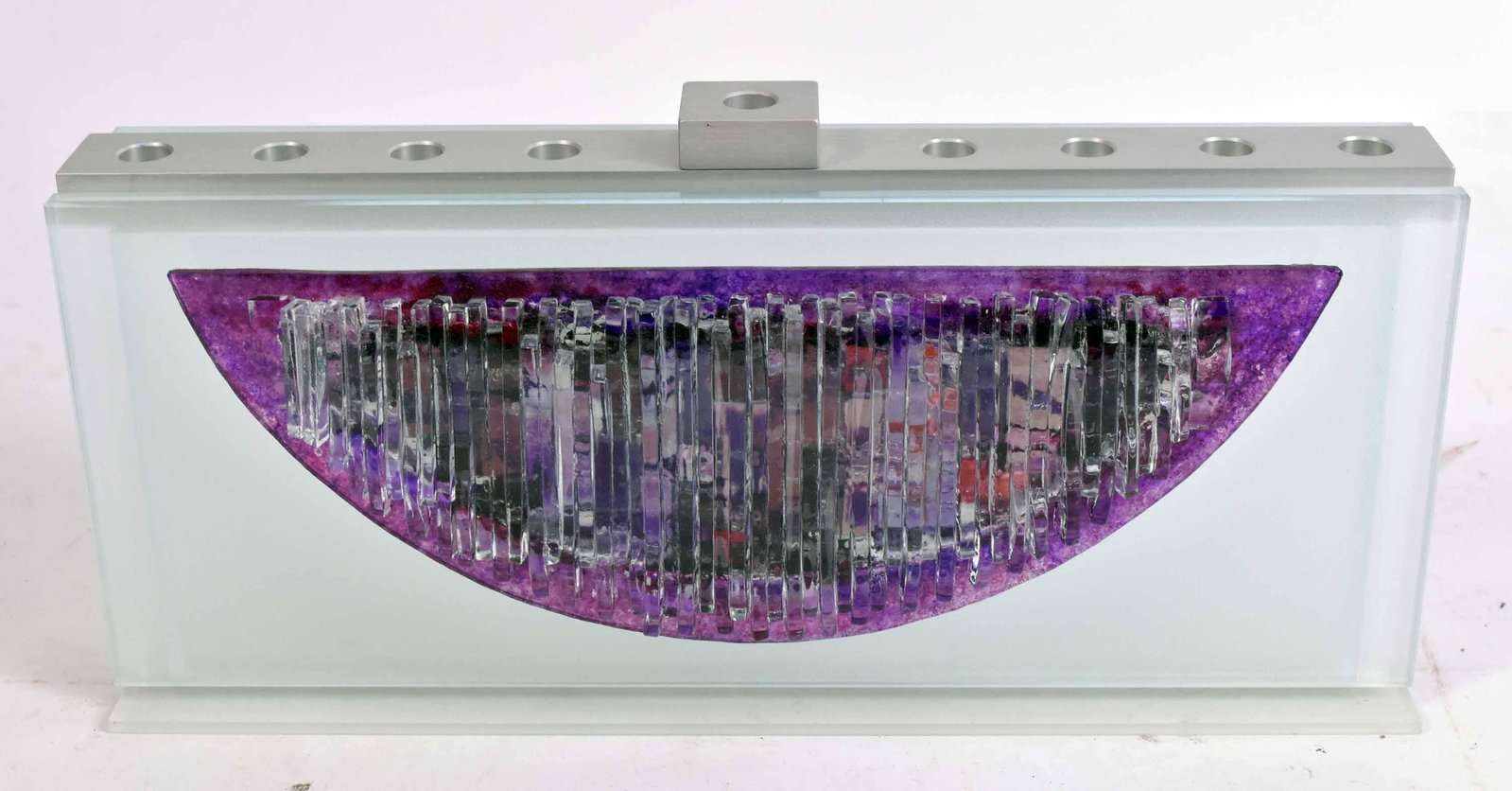 Kelemen Kuatro Glassworks Menorah: Fused glass Icicle Collection, Half Moon, 5"h x 10"w x 1-1/2"d, removable metal candle holder, never used condition, label on underside "Kelemen Kuatro Glassworks"