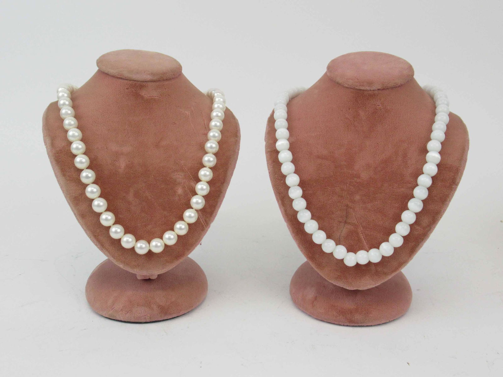 Faux 8MM Pearl Necklace With Magnetic Clasp: 17"l. Together with a similar moonstone necklace with magnetic clasp.