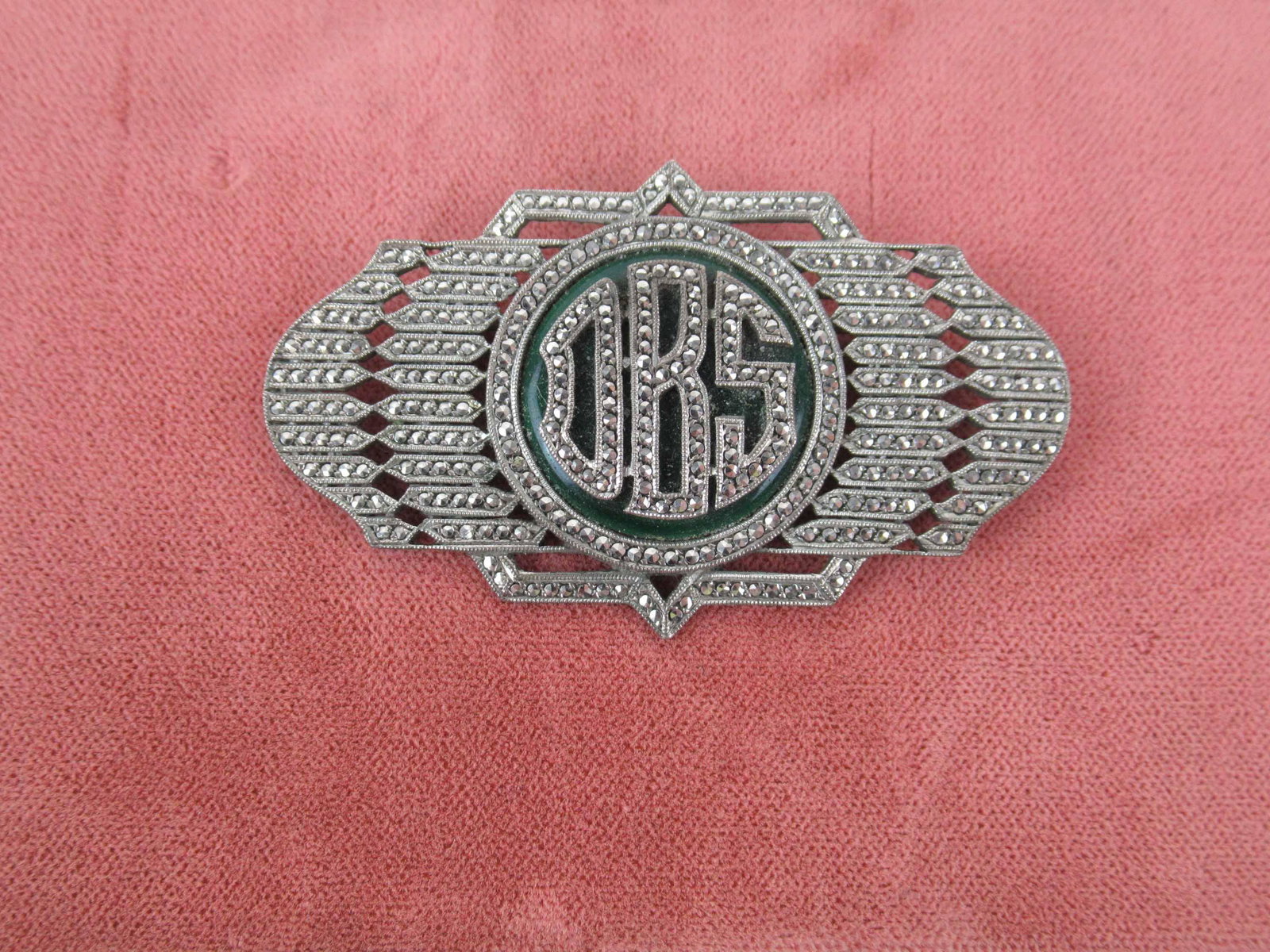 Vintage Marcasite Sterling Silver Monogram Brooch: Art Deco , marcasite initials, DBS on green circular disk, 1-1/4"h x 2-1/4"w.