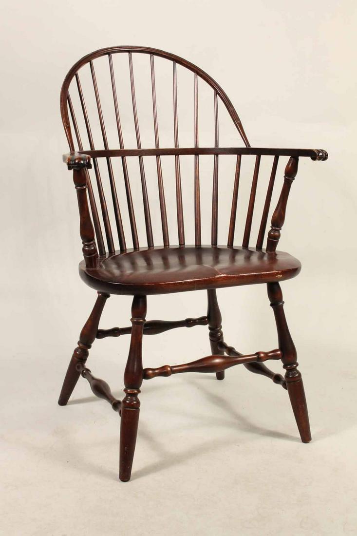 Country Pine Windsor Armchair: Finger carved arms and plank seat. 37-3/4"h x 25-1/2"w