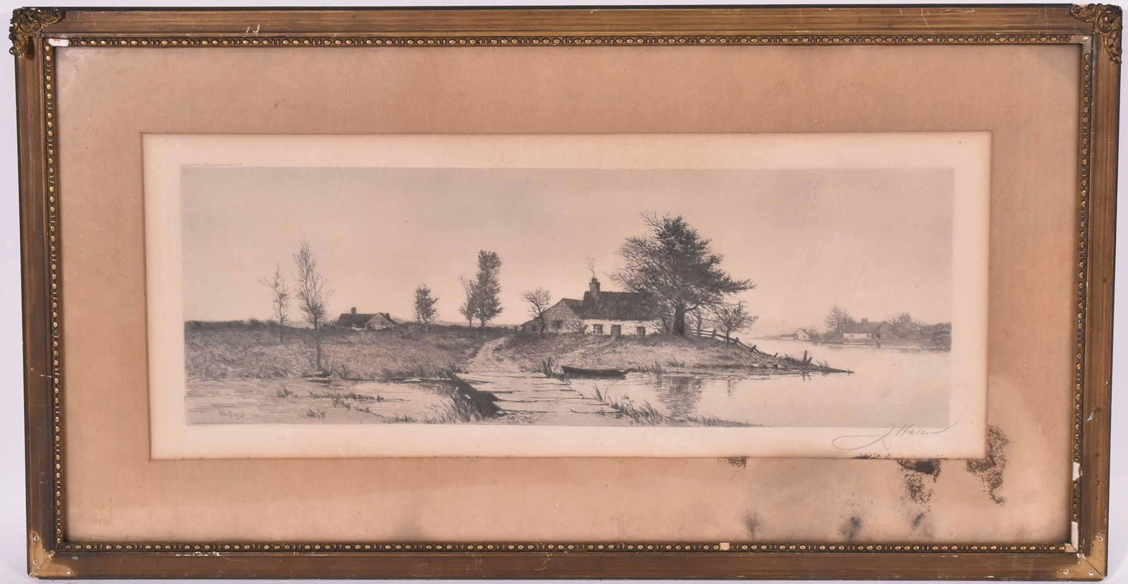 Print of Houses on River, E.L. Field: Signed in pencil l.r. Sight size: 8-3/4"h x 22-3/4"w Provenance: Property consigned by Letty Lou Eisenhauer (born 1935). She was an American visual and performance artist known for her free-spirited F