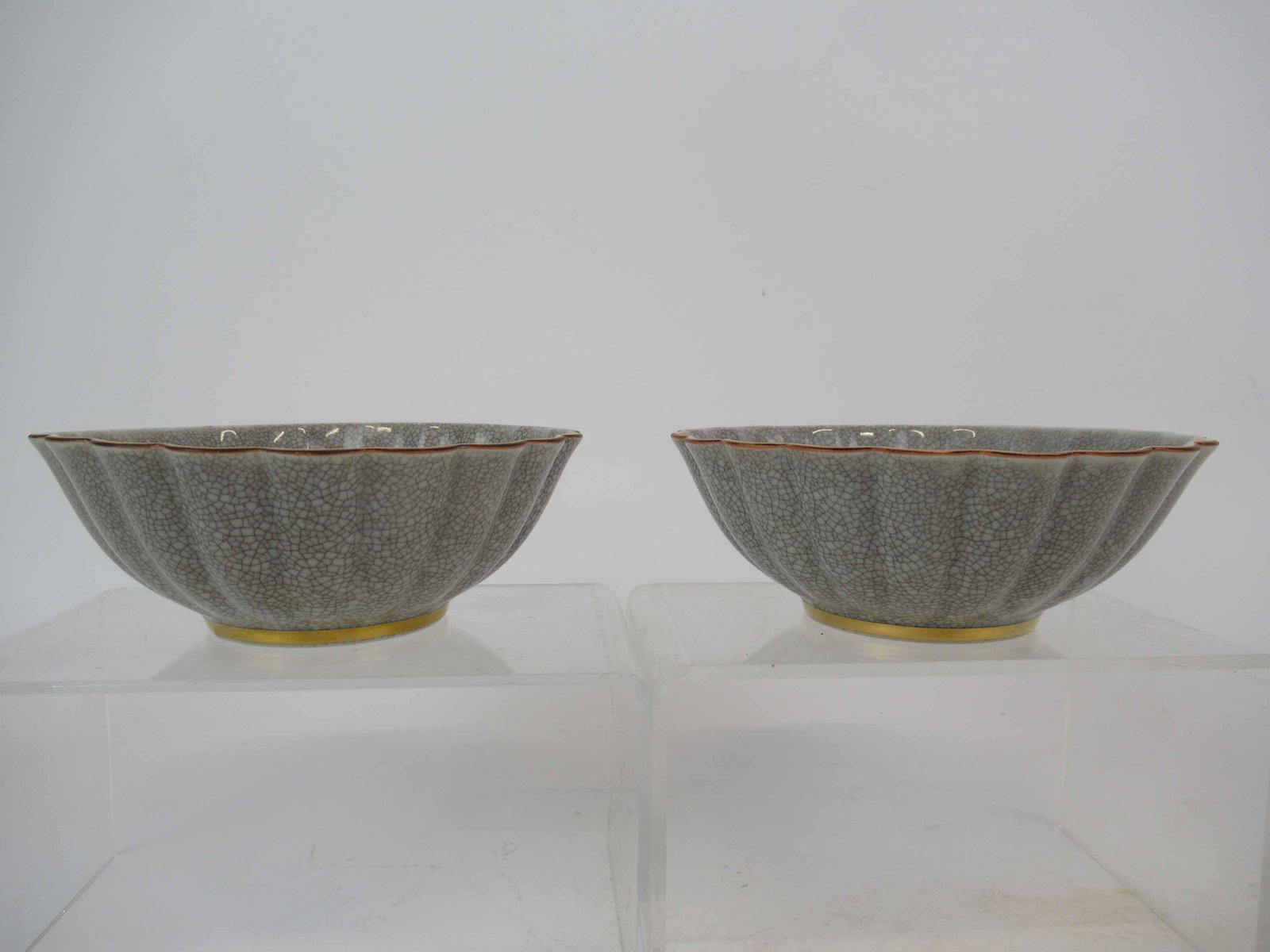 Pair of Royal Copehagen Thorkild Olsen Bowls: Pair of Royal Copehagen with Crackle Glass Designed by Thorkild Olsen Fluted Bowls. Used condition. 5 1/2" diameter x 2" tall