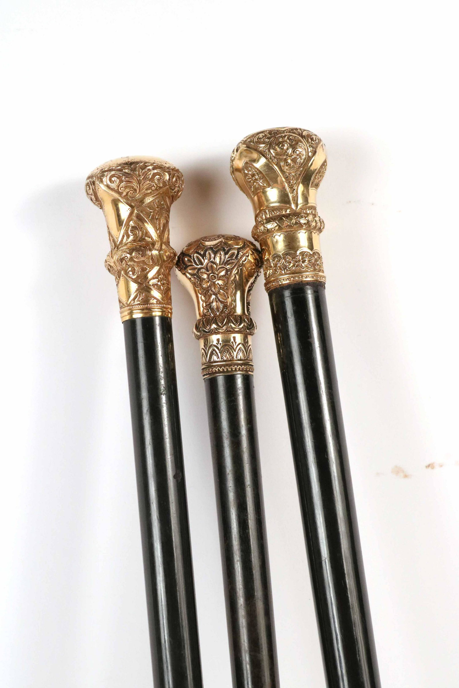 Three Vintage Rolled Gold Walking Sticks from PA: Engraved, "George Yeomans M.D. From The Presbyterian Sabbath School Ashland, PA Dec 31 1878". The second, engraved, " Jacob Keebler Pittsburgh, PA".36"l