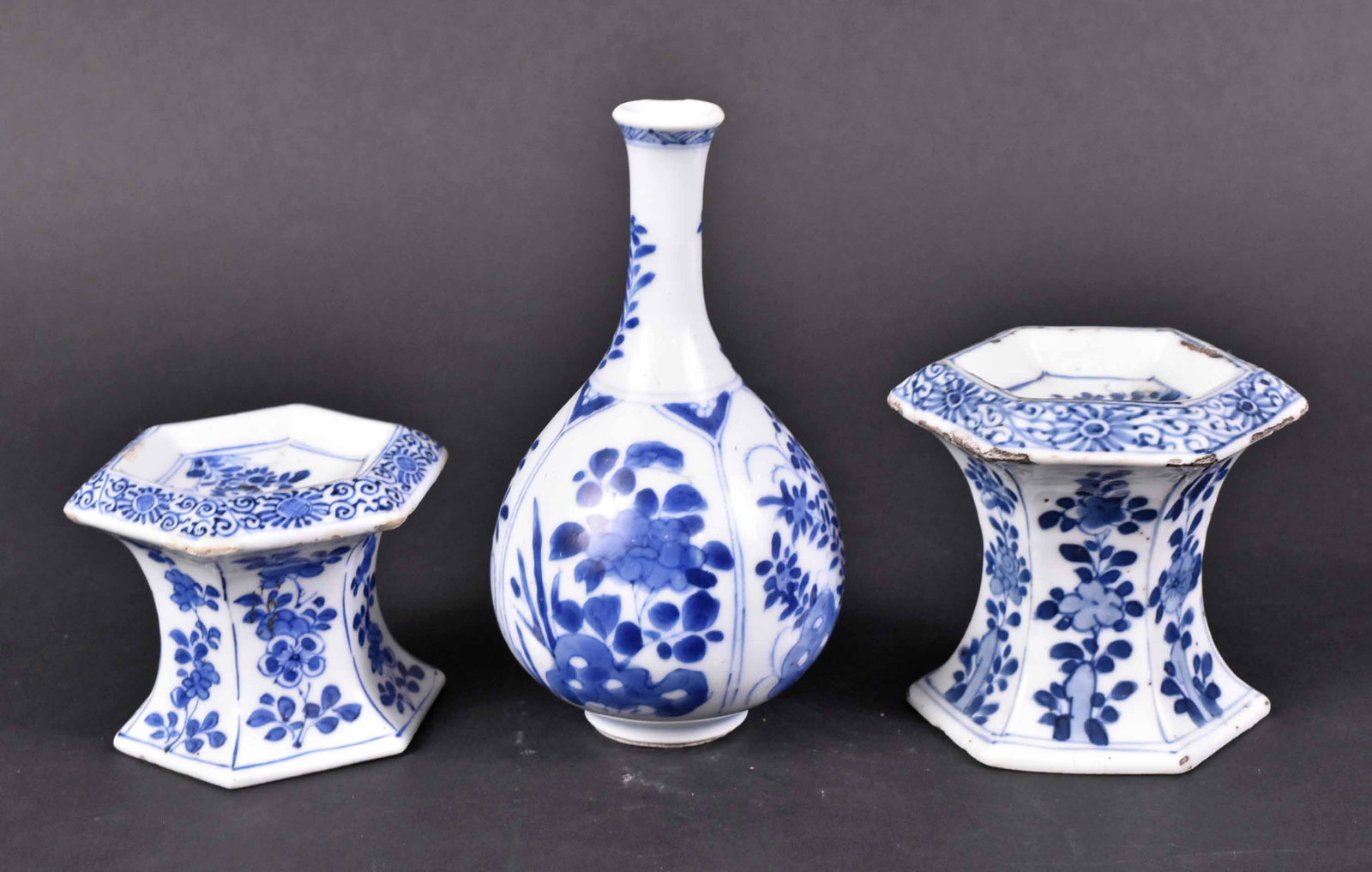 Three Chinese Blue and White Porcelain Articles: 19th Century. Comprising two master salts and a baluster form vase. Size: Tallest vase 6"h Property from the Estate of Ralph & Roberta Carpenter.