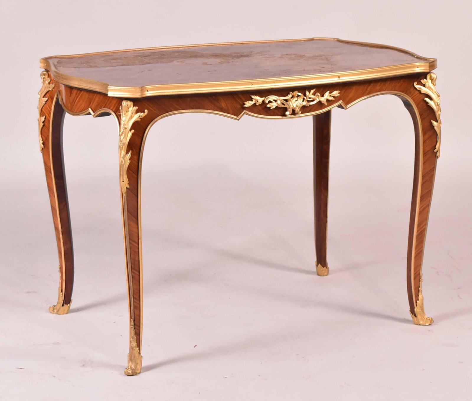 Louis XV Style Ormolu-Mounted Parquetry Table: French, 20th C. Top not attached, rough surface to top. 23"h x 31-3/4"w x 22-1/4"d