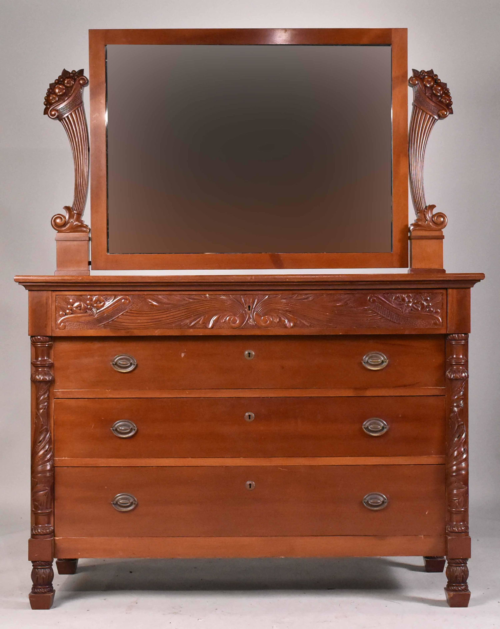 Classical Revival Dressing Chest with Mirror: Newport, c. 1900, en suite with tall chest and a pair of full size bedsteads. Apx. 6'4"h x 4'9-1/2"w x 24"d Property from the Estate of Ralph & Roberta Carpenter.
