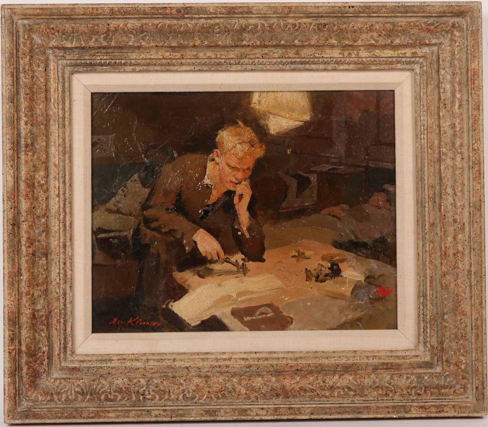Oil on Canvas, Engineering Student, Marc Klionsky: (Russian-American, b. 1927) signed l.l. "Marc Klionsky 55." Sight size: 9-1/2"h x 11-3/4"w