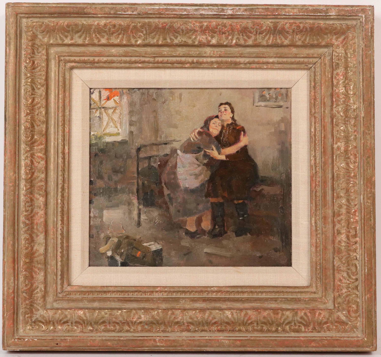 Oil On Canvas, The Embrace, Marc Klionsky: (Russian-American, b.1927) inscribed on the stretcher "To Phillis the girl who saw me and remembered Marc Klionsky". Sight size: 7-1/4"h x 8-1/4"w