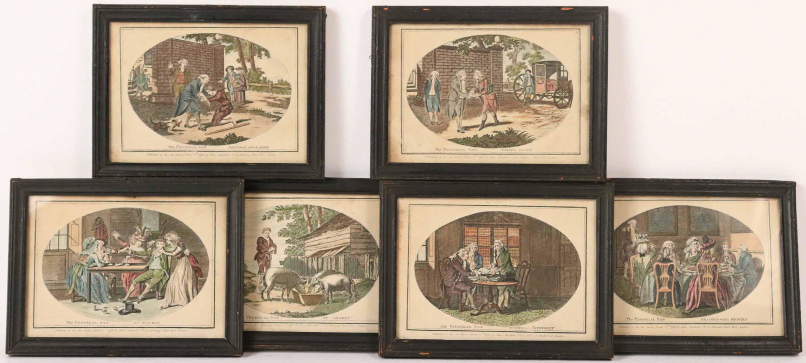 Set of Six Engravings, "The Prodigal Son": John Marshall, Engraver, with hand-coloring, published 1790. Sight size: 4-3/4"h x 6-1/2"w Property from the Estate of Ralph & Roberta Carpenter. Provenance: Old Print Exchange, 14 East 48th St, New Y