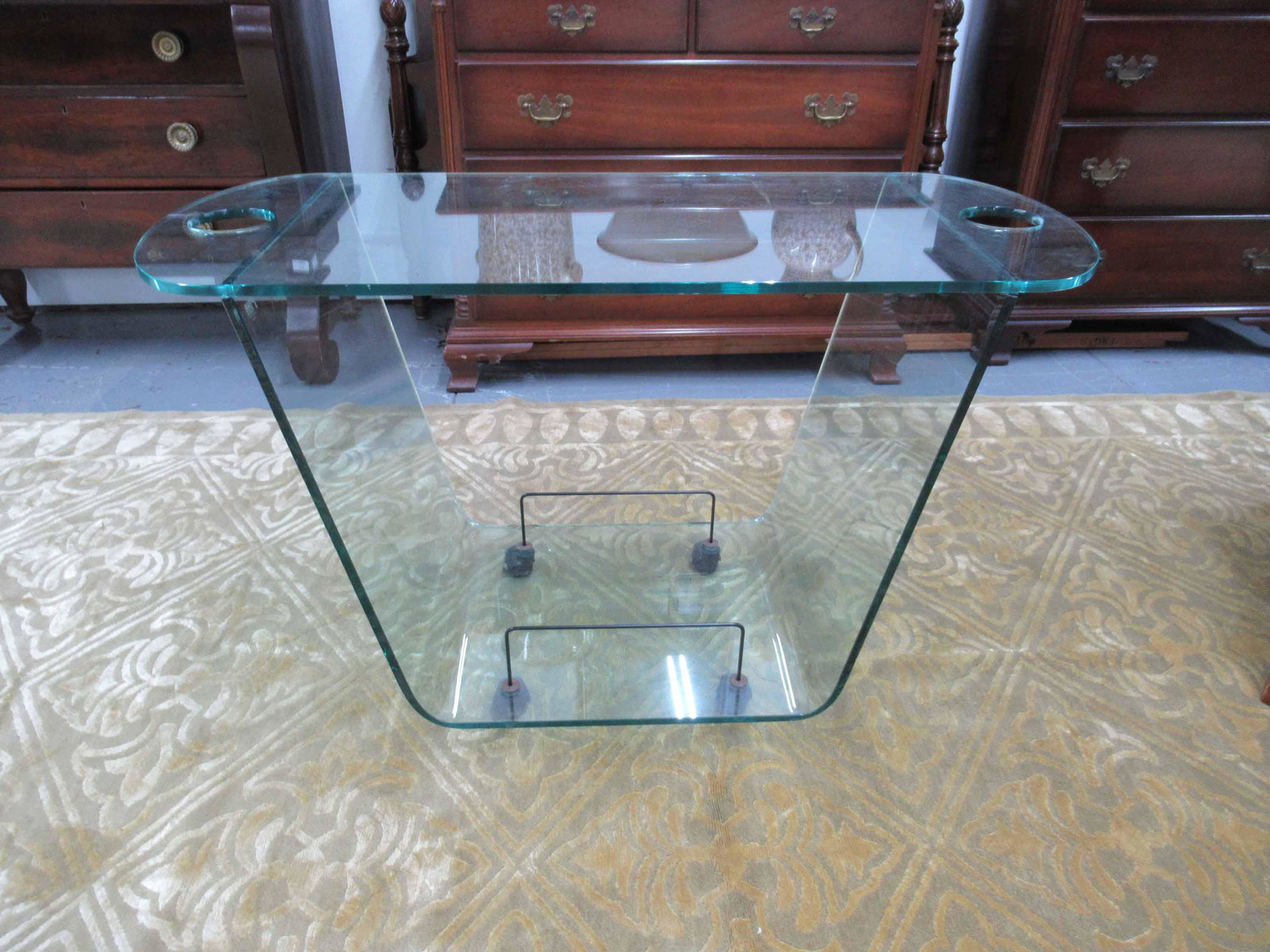 FIAM Italia Glass Roller Cart: FIAM Italia Glass Roller Cart. Used condition, wear worn, chips to glass on base. Top glass size 41 1/4" x 17 7/8"