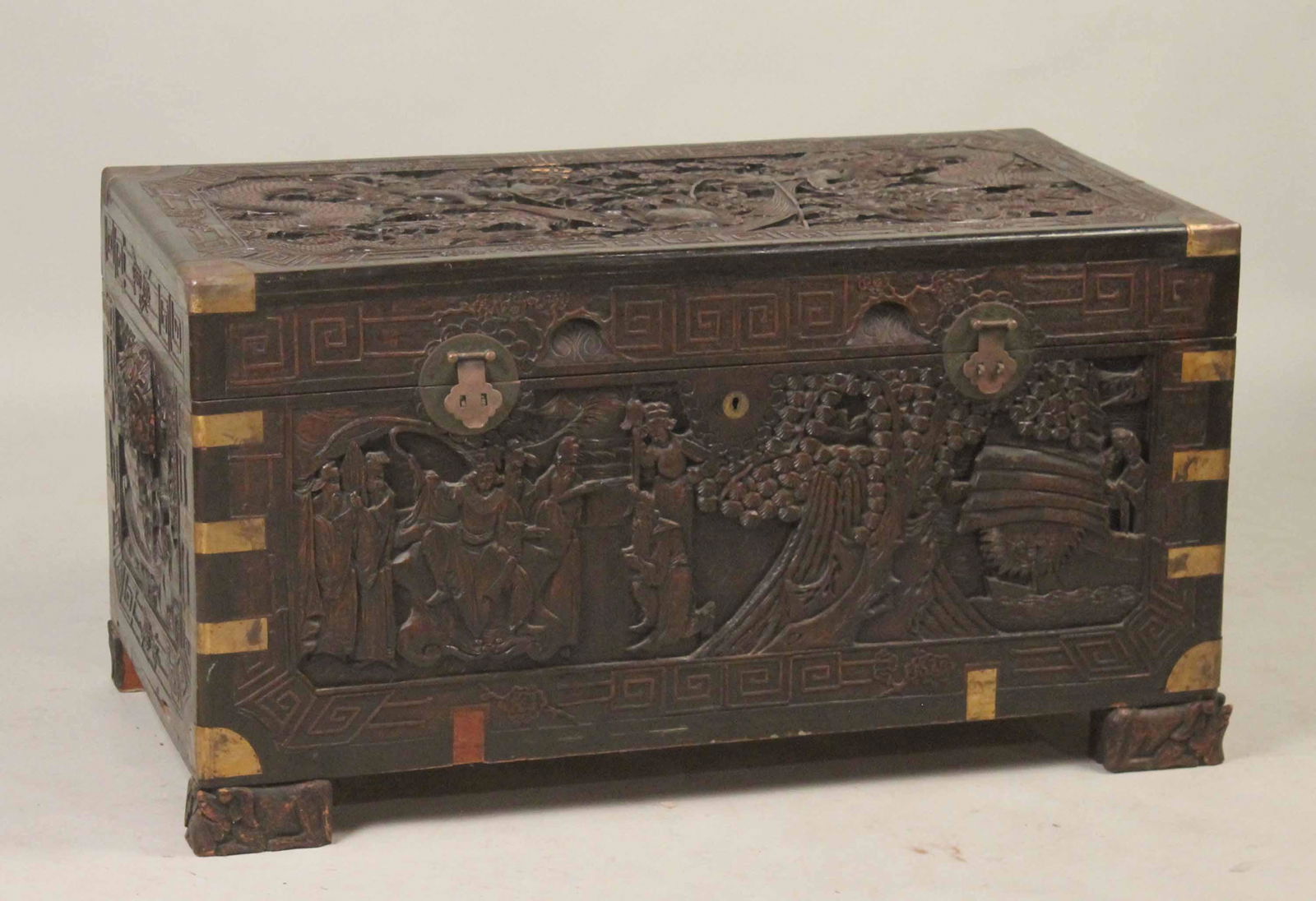 Chinese Carved Hardwood Brass-Mounted Chest (1 of 7)