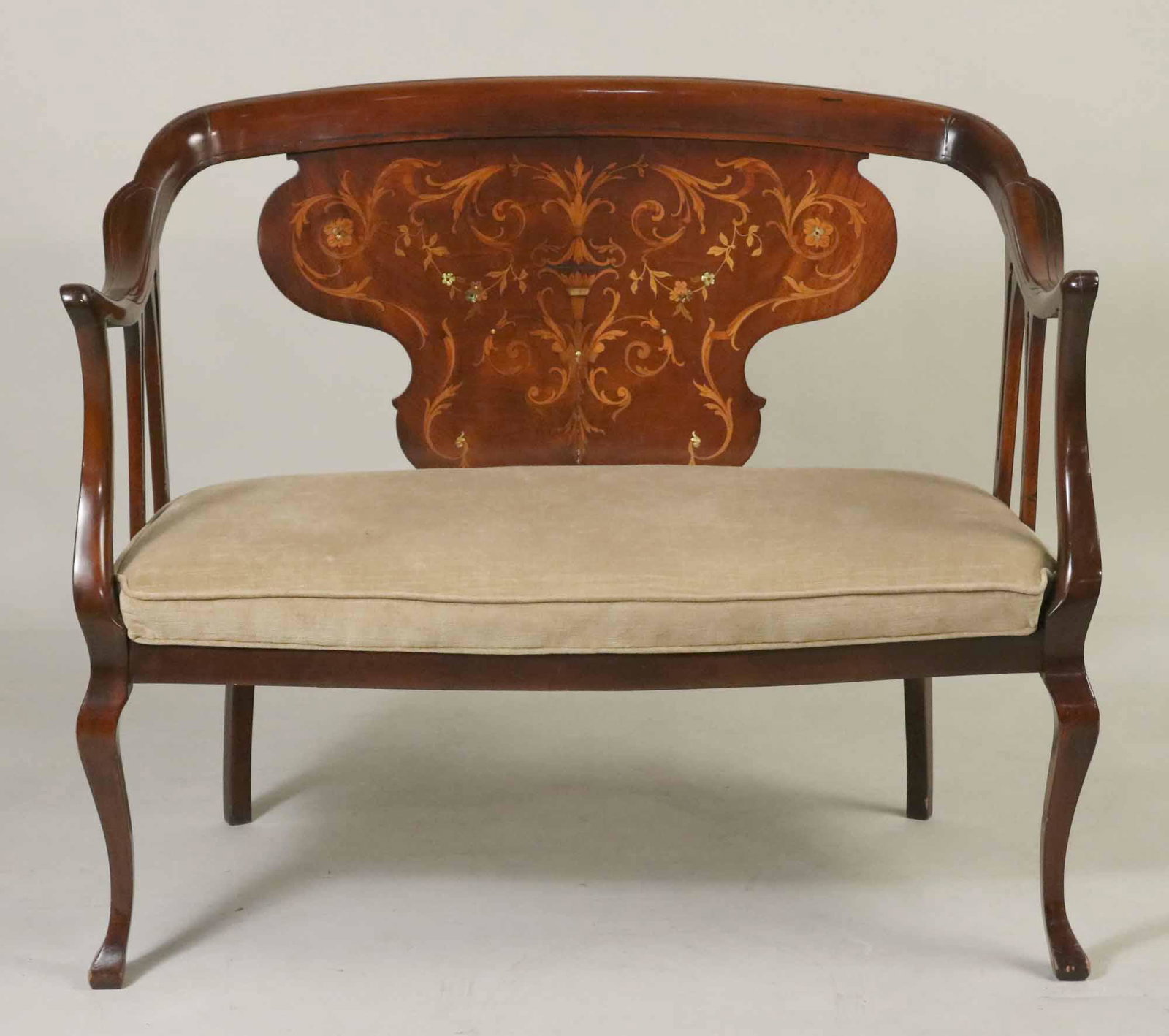 Colonial Revival Inlaid Mahogany Settee: 20th C. 35-3/4"h x 43"w x 22"d