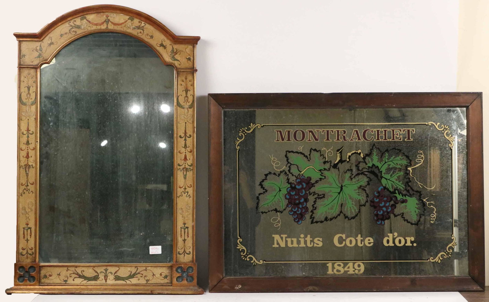 Neoclassical Style Painted Pier Mirror: Together with a wine advertisement mirror inscribed "Montrachet, Nuits cote d'or 1849." 37"h x 25-1/4"w and 25-1/2"h x 35-1/2"w