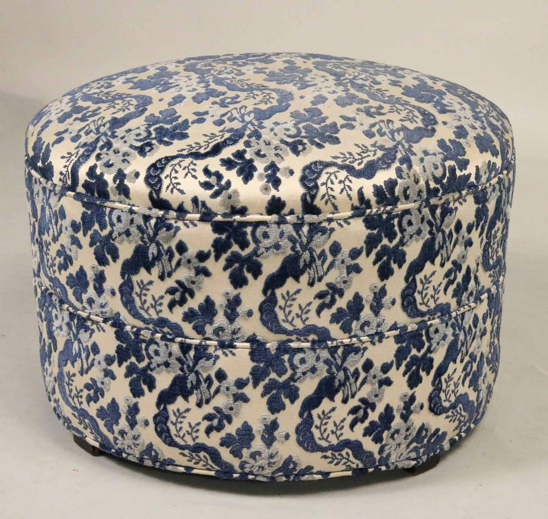 Blue and White Upholstered Round Ottoman (1 of 3)
