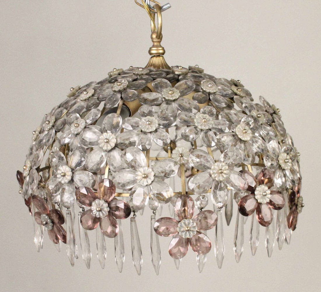 Floral-Decorated Crystal Dome-Form Hanging Light (1 of 4)