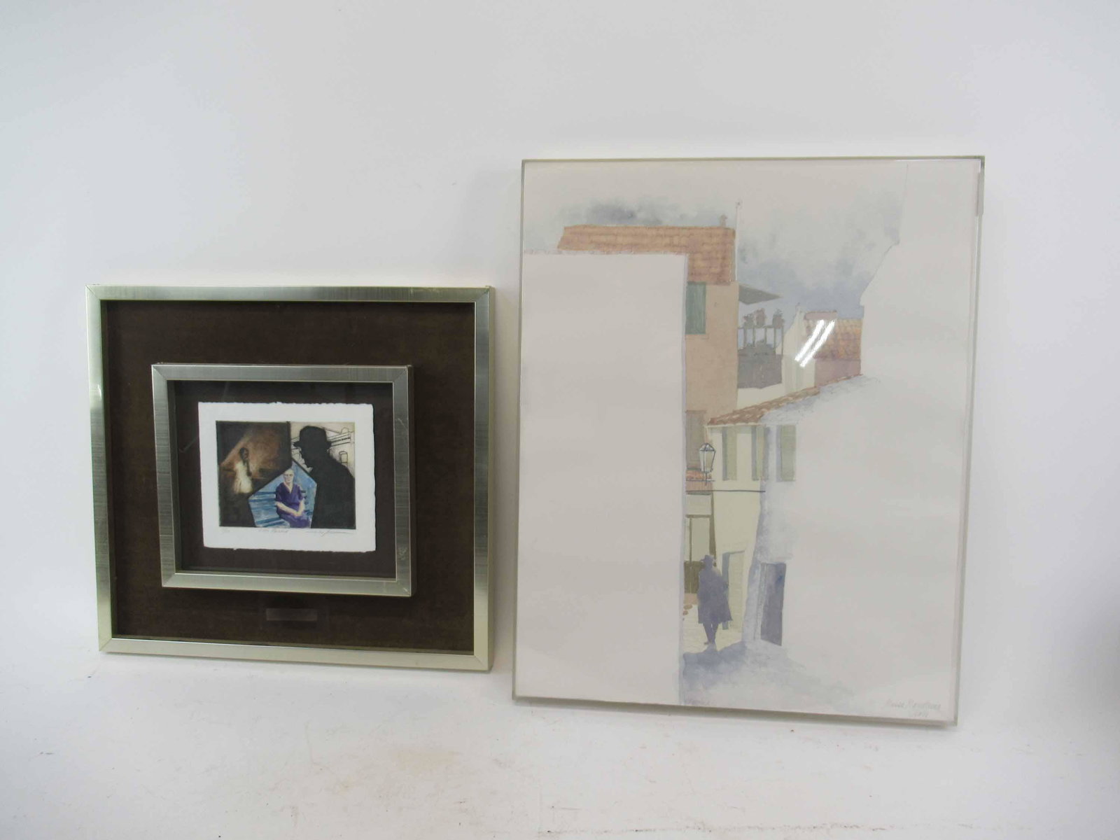 Lithograph Titled City People: Lithograph Titled City People signed in pencil lower right possibly Hol/Tot, numbered lower left 11/17. Together with a watercolor of Massa Marittima, artist possibly Rocchia. Used condition. Framed s