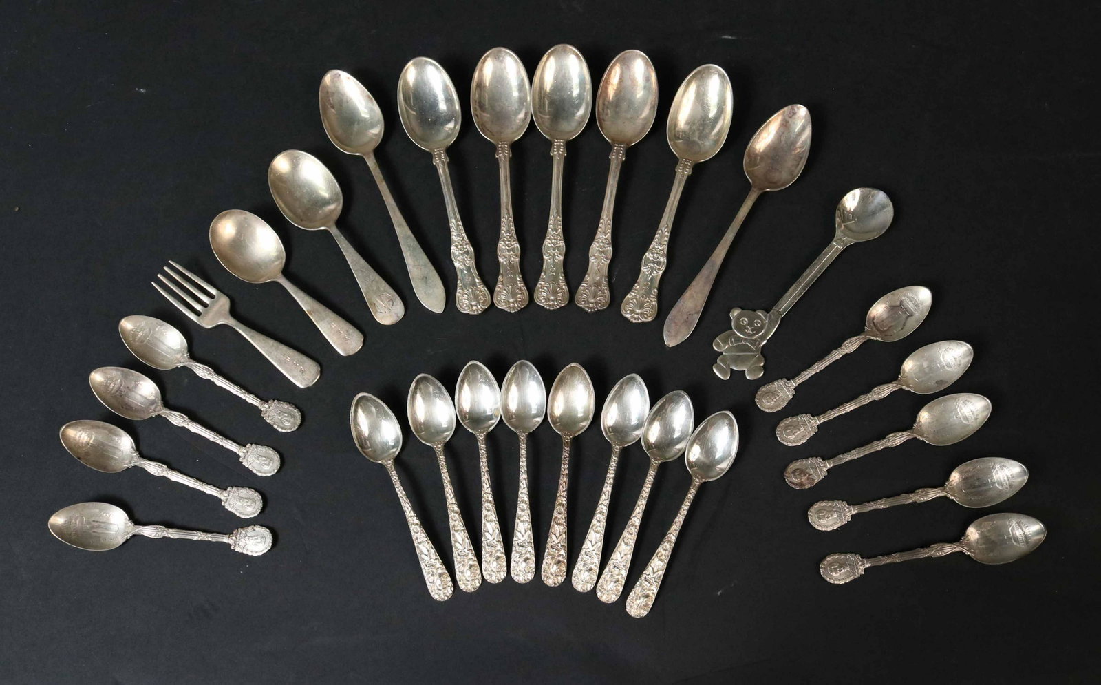 Set of Five Tiffany English King Silver Teaspoons: Together with a group of sterling silver flatware, including pair of Tiffany & Co "Fanueil" pattern teaspoon, a Tiffany & Co child's spoon with bear motif, a set of eight S.Kirk repousse pattern demi-