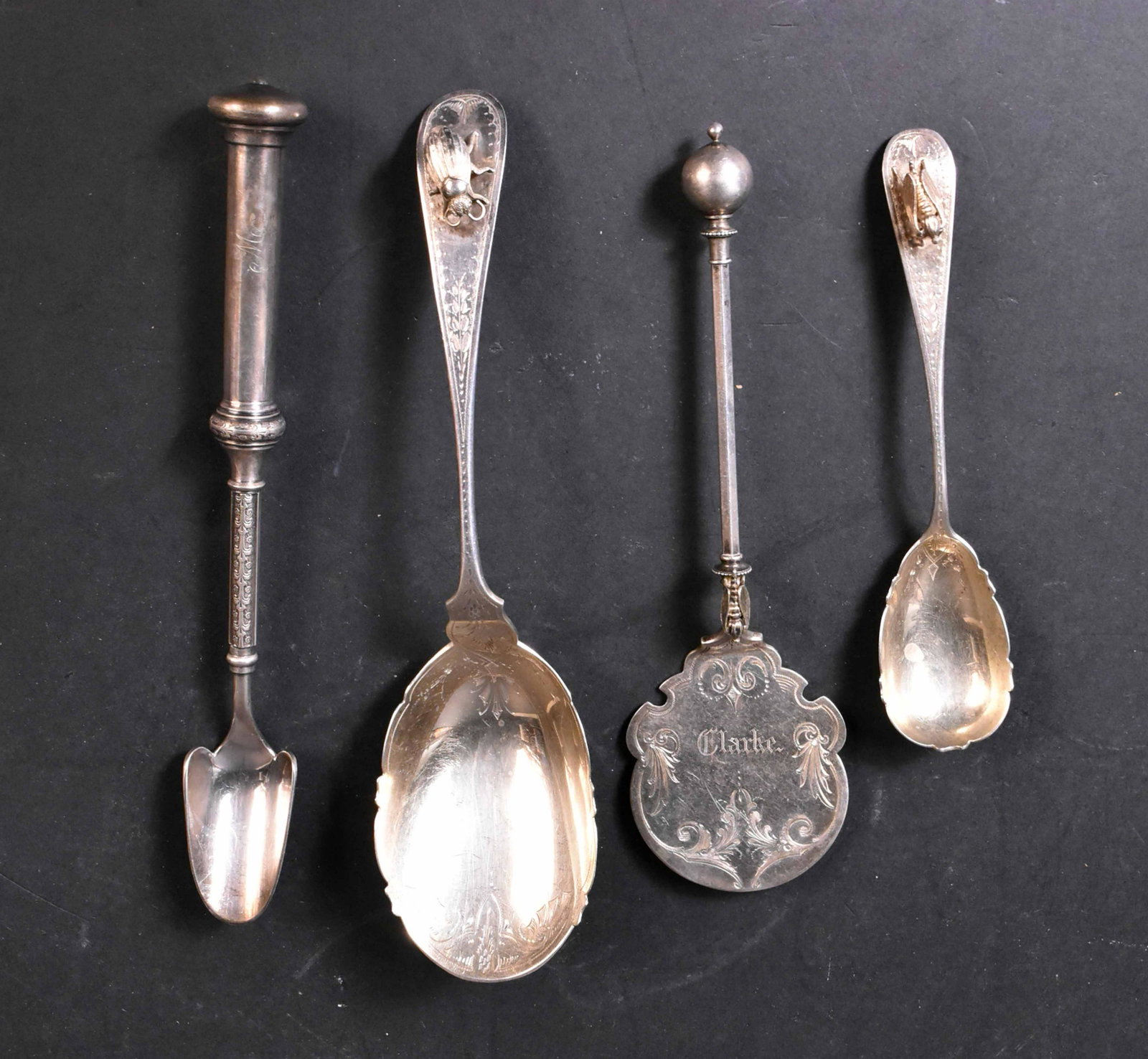 Set American Coin Silver Casserole & Jam Spoons: Both stamped Bailey & Co (Philadelphia 1846-1878), vermeil bowls, bright cut decorated, applied gilt cast beetle on handle, 10"l, applied gilt cast dragonfly on handle, 7"l. Together with sterling sil