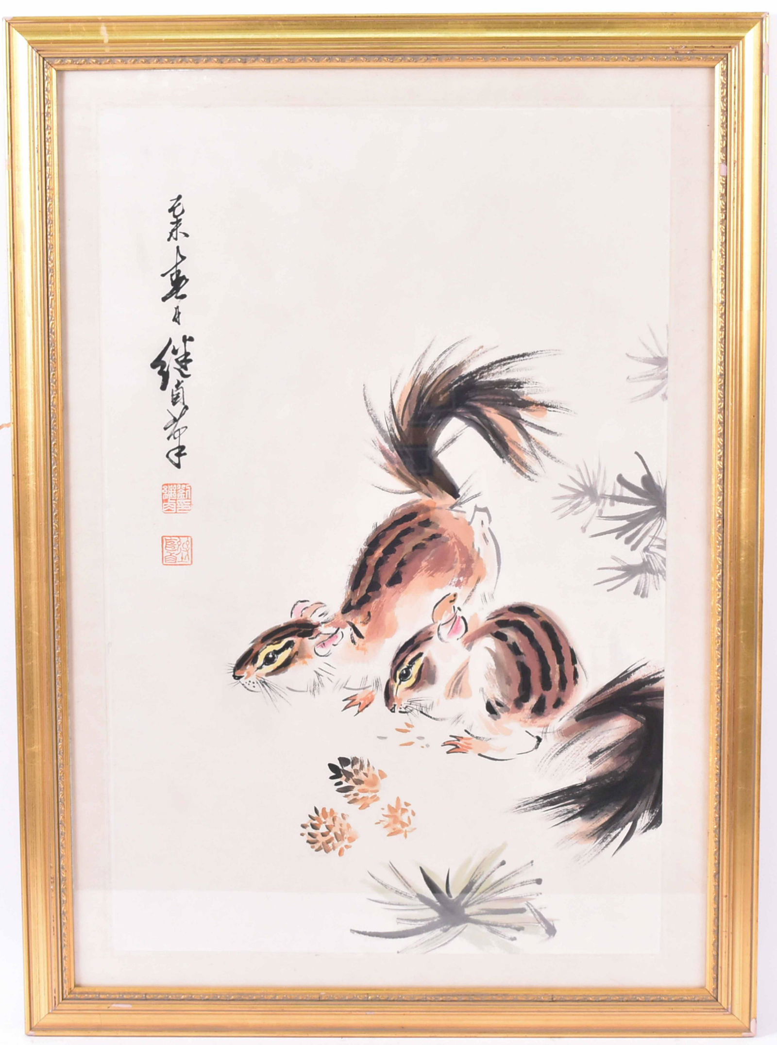 Chinese Watercolor and Ink of Chipmunks: Singed u.l. side. Sight size: 29-1/2"h x 20-1/2"w