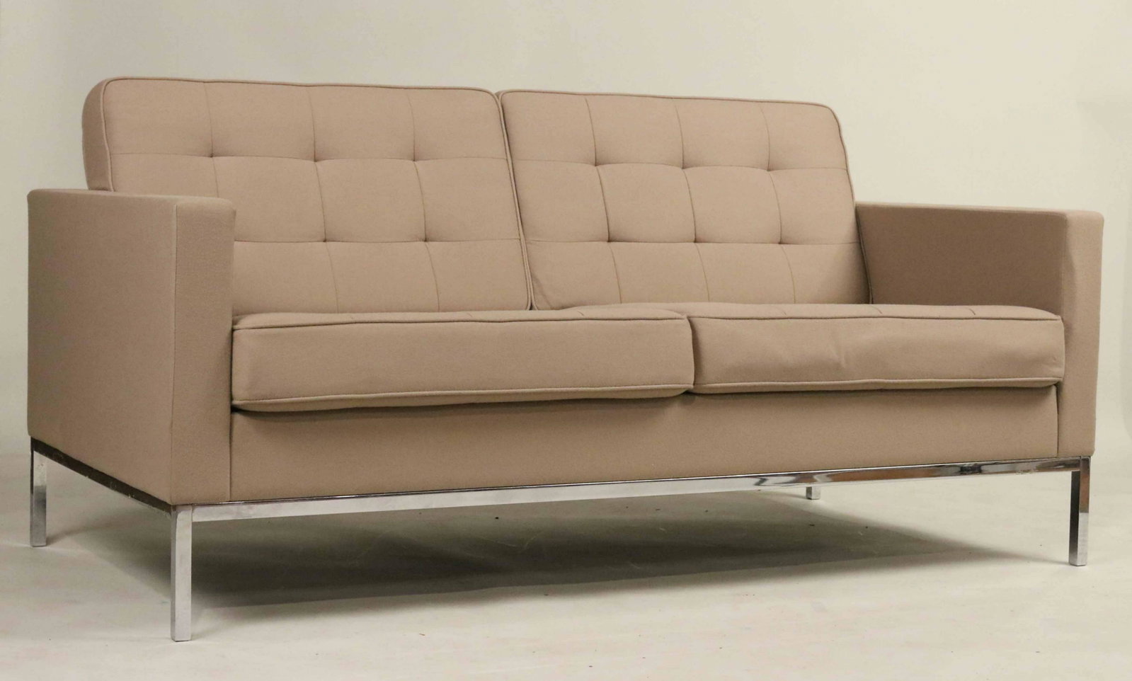 Florence Knoll Grey-Upholstered Settee: Fabric marked under cushion. 30"h x 5'2"w x 31-1/2"d