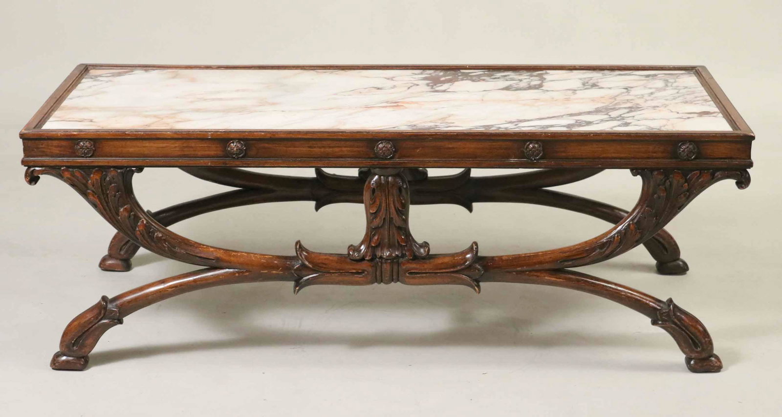 Victorian Mahogany Marble Top Low Table: Together with a Neoclassical style gold-painted marble top console table.2 pieces.Losses. 16-1/4"h x 47-3/4"w x 20"d and 33-1/4"h x 48"w x 10-1/4"d