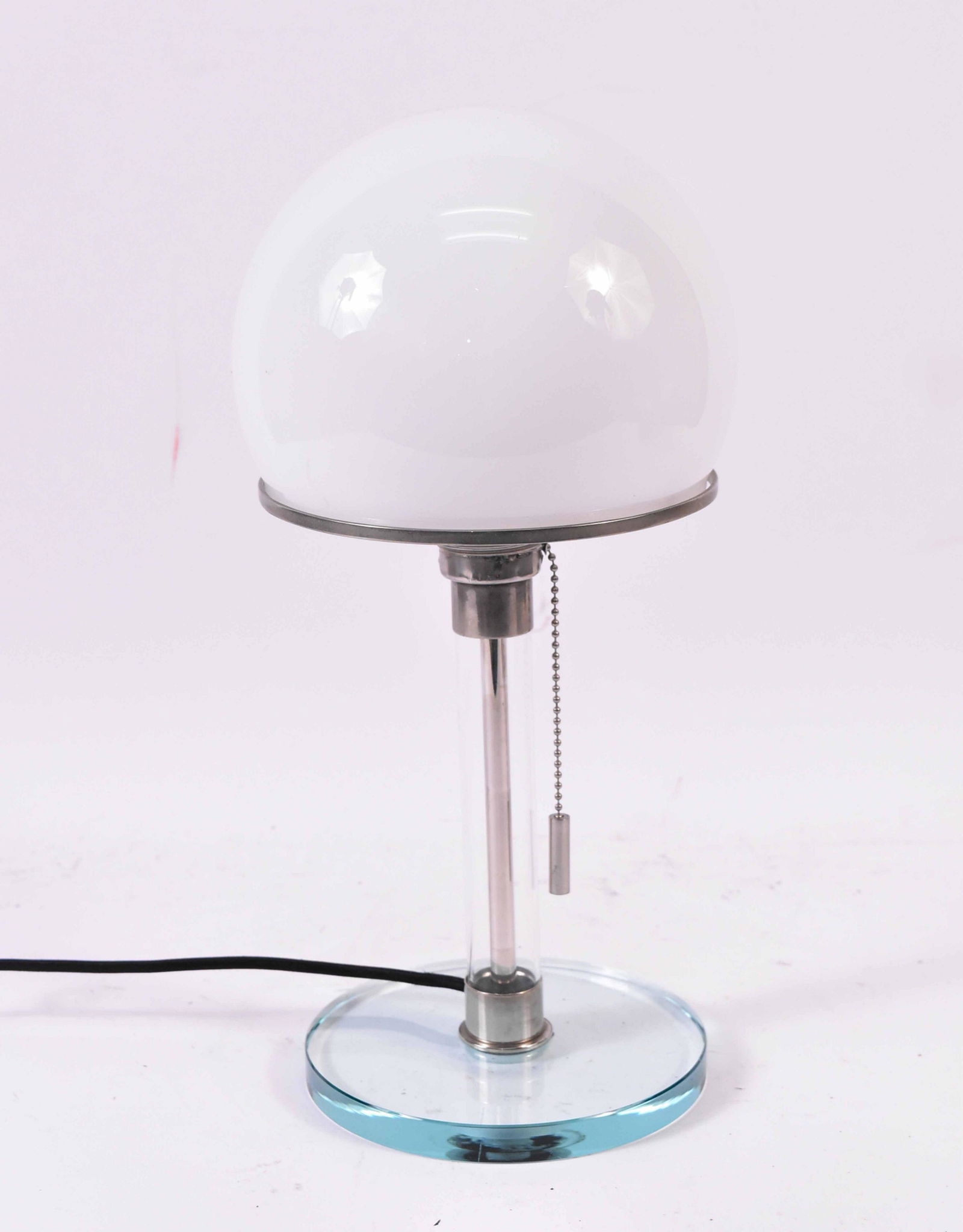 Wilhelm Wagenfeld Bauhaus Table Lamp: (German, 1900-1990), white and clear glass with nickel-plated metal. 14-1/2"h
