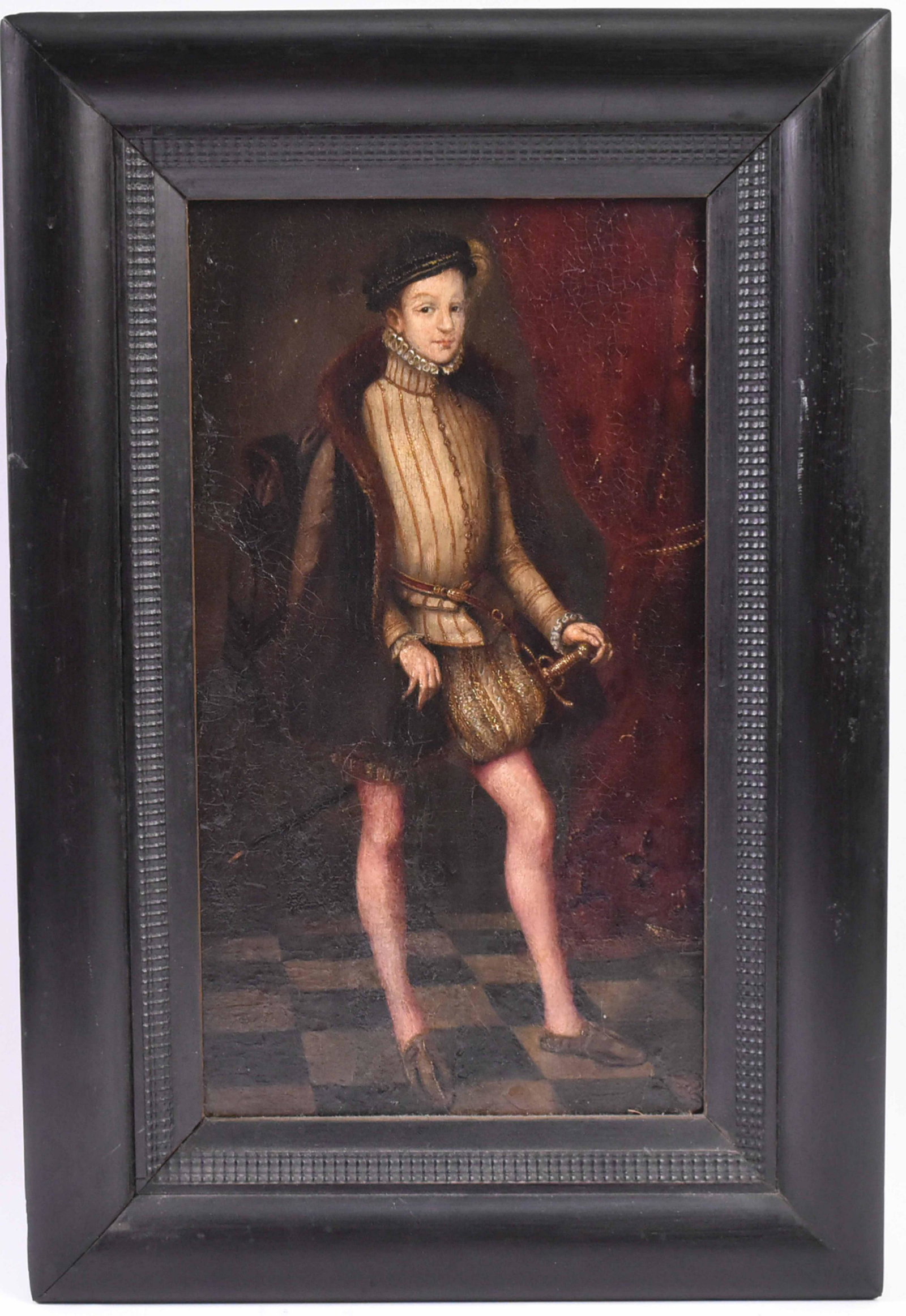 Oil on Board After Portrait of Philip II of Spain: 20th Century, unsigned. Size: 13 1/2"h x 7 1/2"w Provenance: Property from the Estate of Judith Applegate, Princeton, NJ.