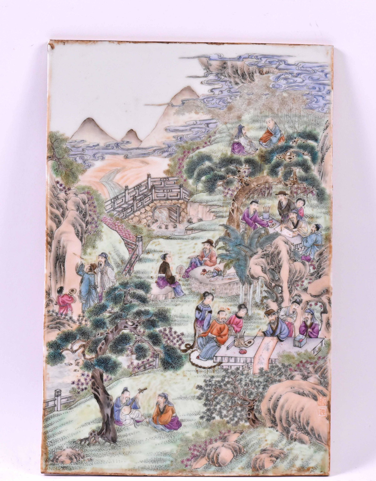 Large Chinese Village Artist Life Tile: Formerly within a frame. 15"h x 10"w