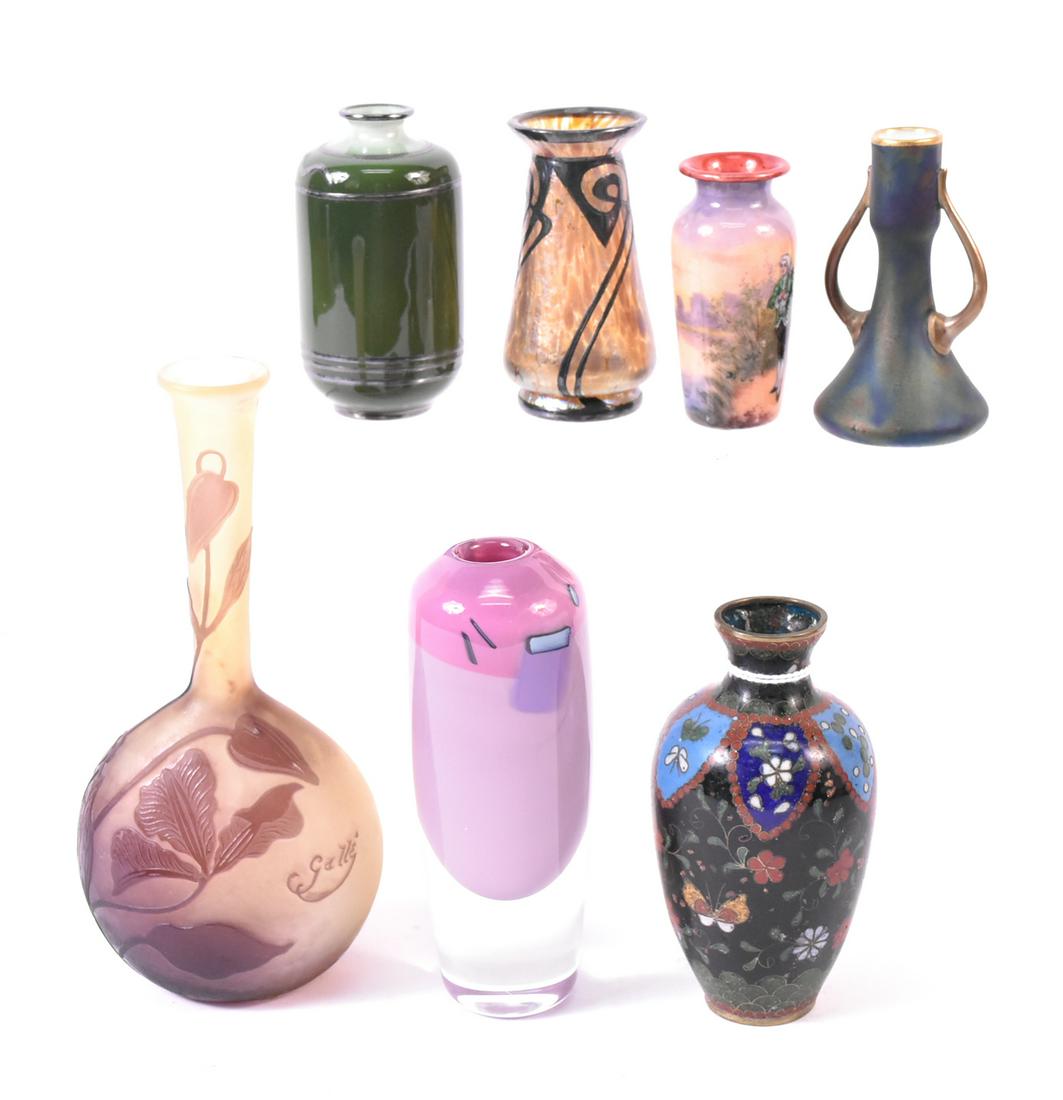 Magdanz Shapiro Miniature Art Glass: Together with a Carl Knoll for Carlsbad miniature double handled vase, two silver overlay miniature vases, a Galle style vase, and enamel vase and an orange miniature vase. 7"h