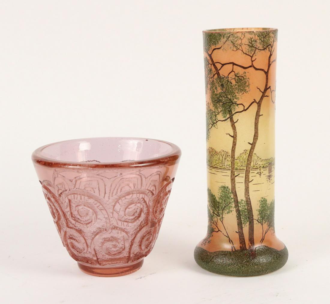 Daum, Nancy Purple Art Glass Vase: Together with a Galle Style Art Glass Vase. 2 pieces 4-1/2"h and 9"h