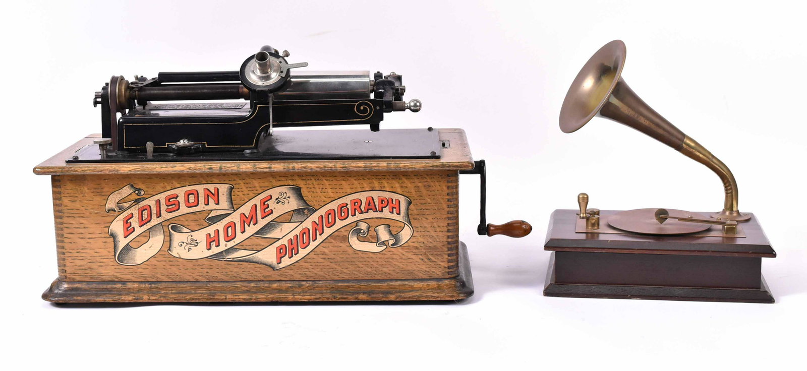 Edison Home Phonograph: Together with a photograph music box. Phonograph lacking lid and horn. 10"h x 18"w x 9"d and 10-1/2"h x 9-1/2"w x 6-1/2"d