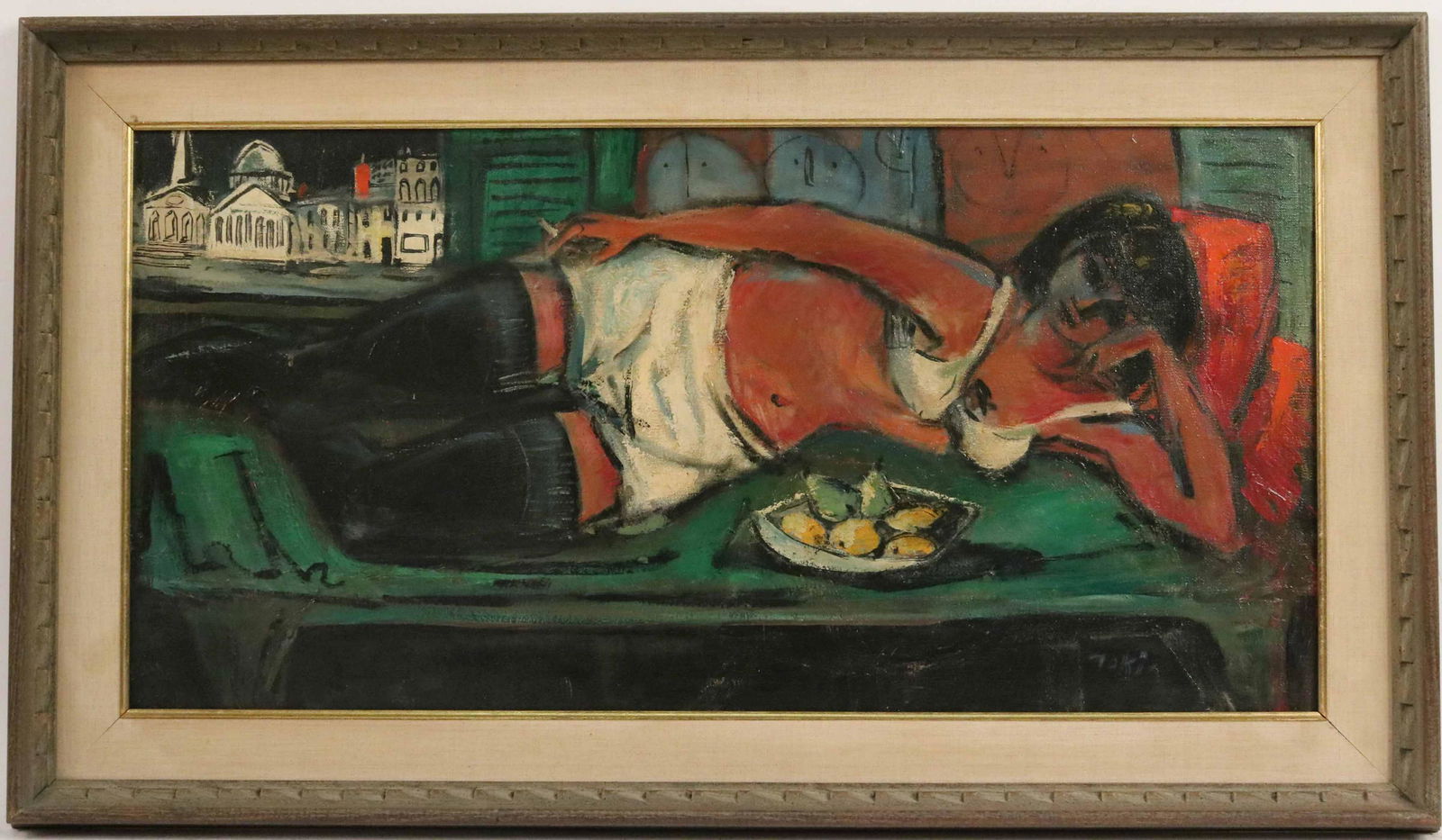 Oil on Canvas, Reclining Woman, Nichola Takis: (American, 1903-1965) signed l.r. "Takis" inscribed verso. Sight size: 14-1/2"h x 29-1/2"w