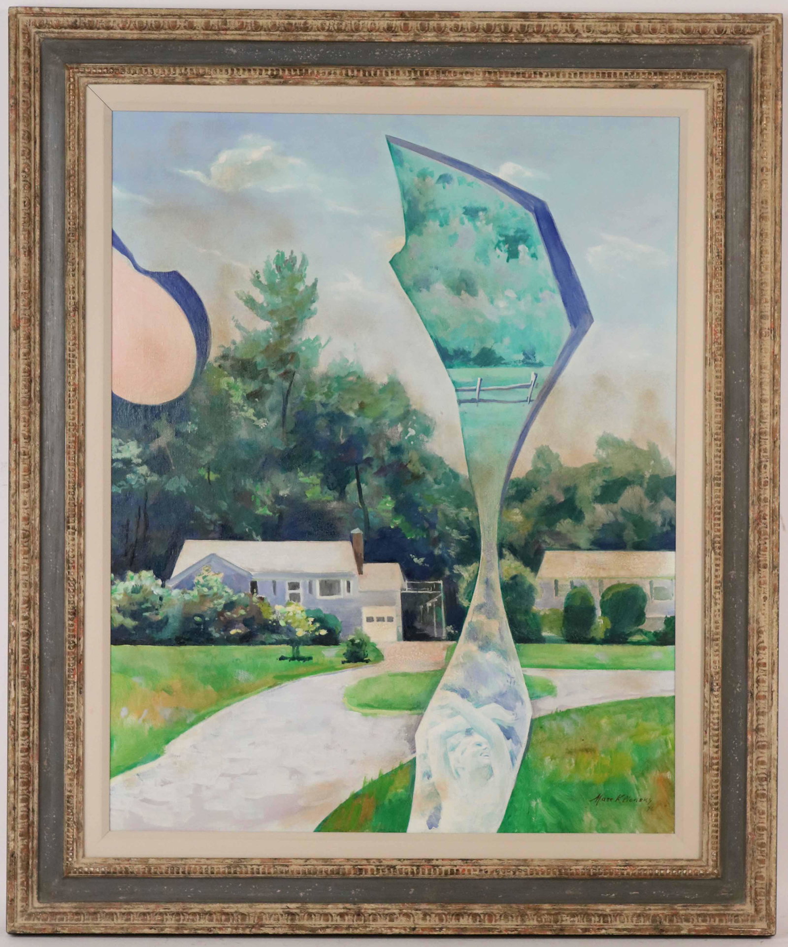 Oil on Canvas, Surreal House, Marc Klionsky: (Russian-American, b. 1927) signed l.r. "Marc Klionsky 76". Sight size: 28-1/2"h x 22-1/2"w Provenance: Purchased by the consignor from the Eduard Nakhamkin Fine Arts, Inc.