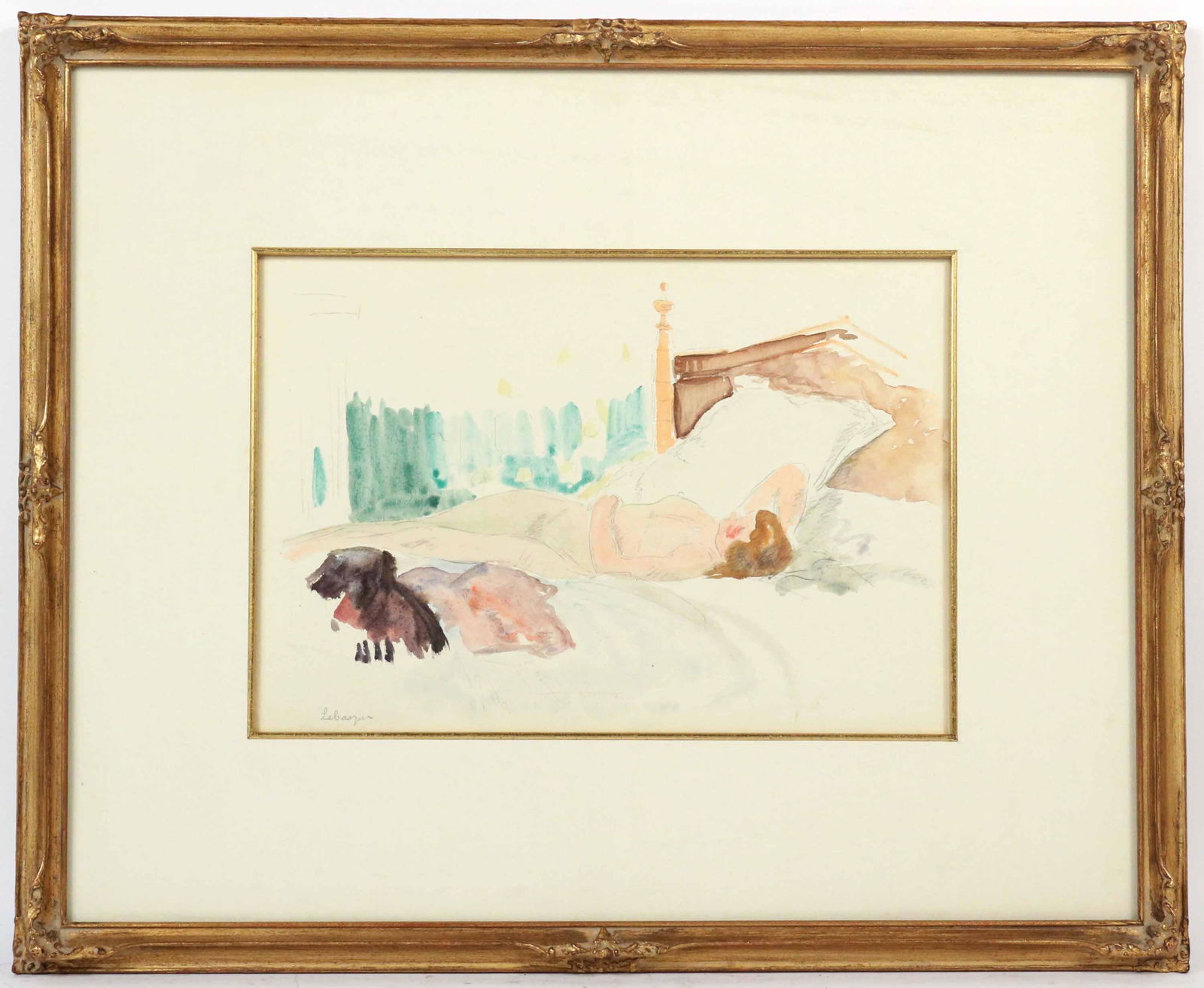 Watercolor, Henri Lebasque, Female Nude on Bed: French (1865-1937). Female nude on bed. 8"h x 12"w