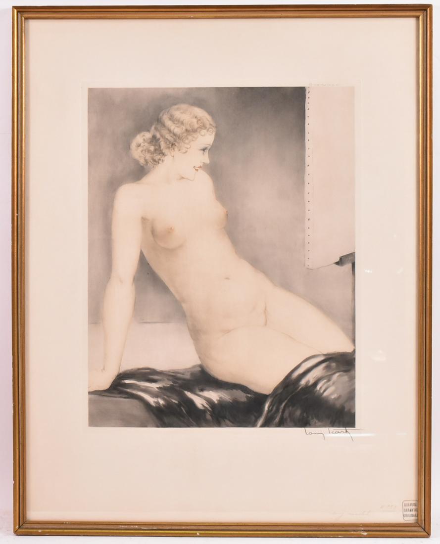 Engraving, Nude Woman, Louis Icart: (French, 1888-1950) signed in plate l.r., copyright 1937, stamped original engraving. Sight size: 31"h x 24"w