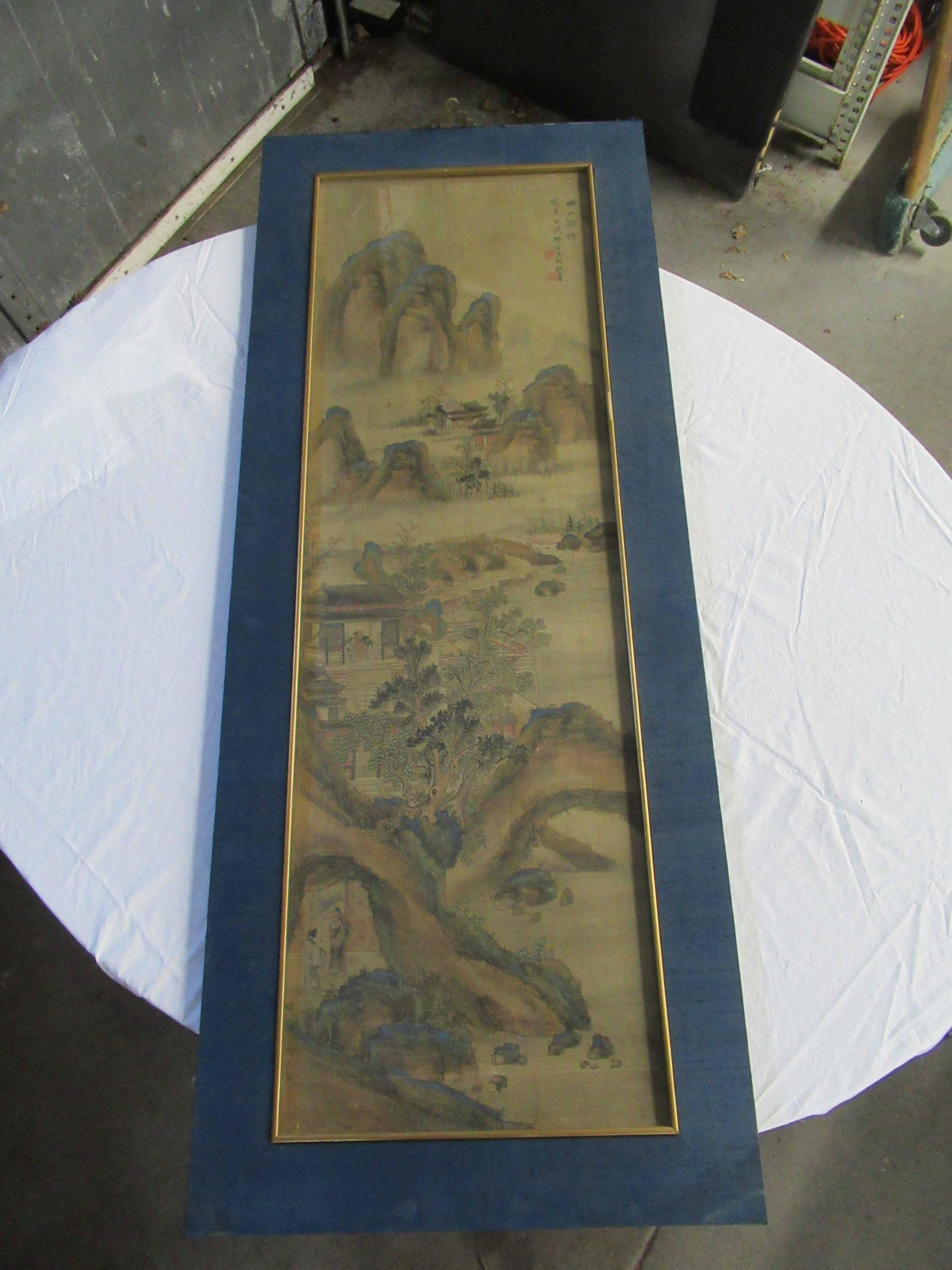 Mixed Media, "Poetry in the Mountain" Wang Shinn: Chinese, 20th C. Sight size: 46-1/4"h x 14-1/2"w