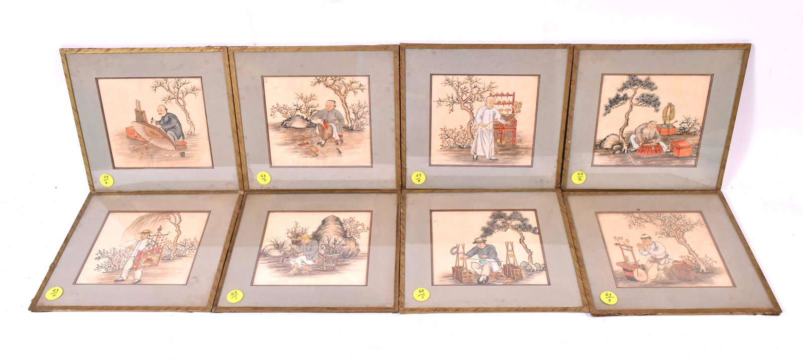 Eight Chinese Watercolors Street Vendors: Early 20th Century. Depicting "Diabolo Salesman" "Shoemaker" "Umbrella Repairman" "Barrel Repairman" "Toy Maker" "China Repairman" "Food Salesman and a Pipe Maker." Size: 5"h x 5 1/2"w Provenance: Pro