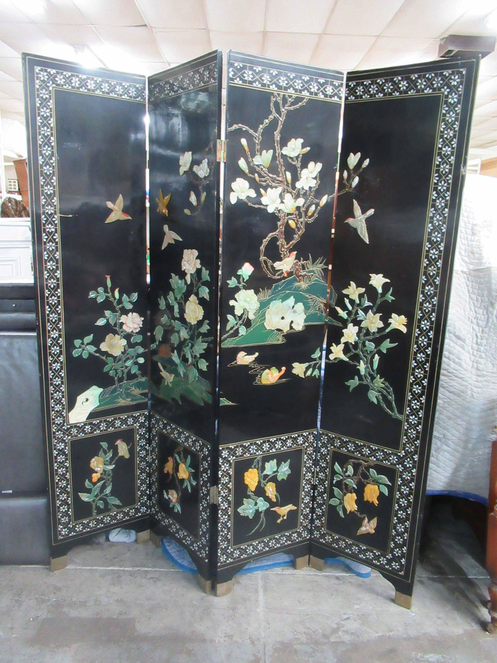 Asian Carved Hardstone 4 Panel Screen (1 of 6)