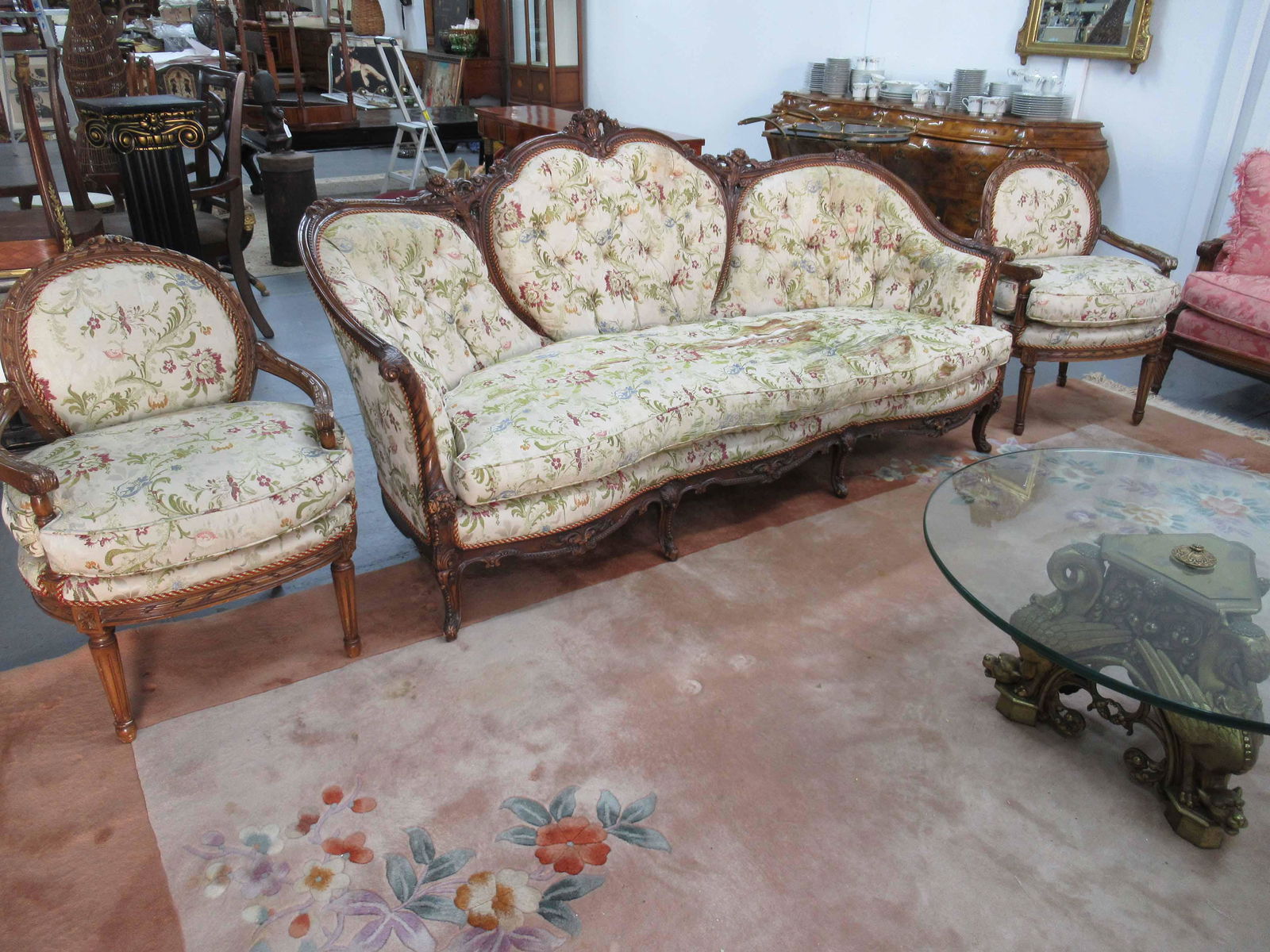 Louis XV Style Floral Silk Upholstered Sofa (1 of 9)