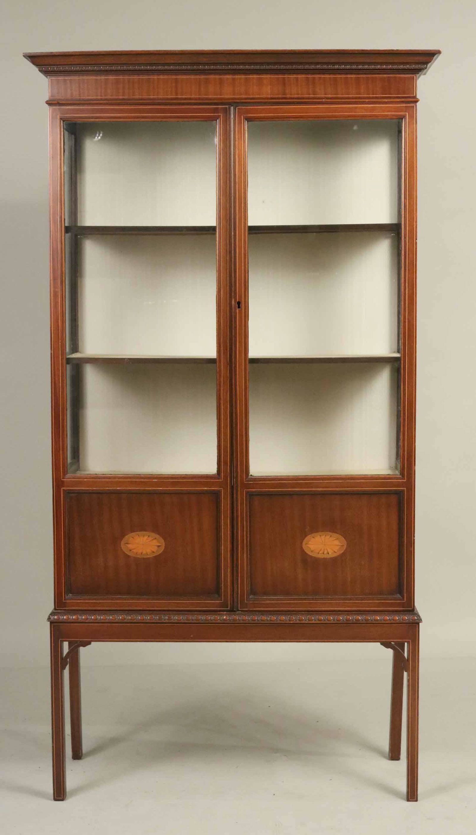 Federal Style Inlaid Mahogany Vitrine: Federal Style Inlaid Mahogany Vitrine, used condition, wear, worn, crack to base. 20th C., fabric lining of a later date. 5'8-1/2"h x 37"w x 14-1/4"d