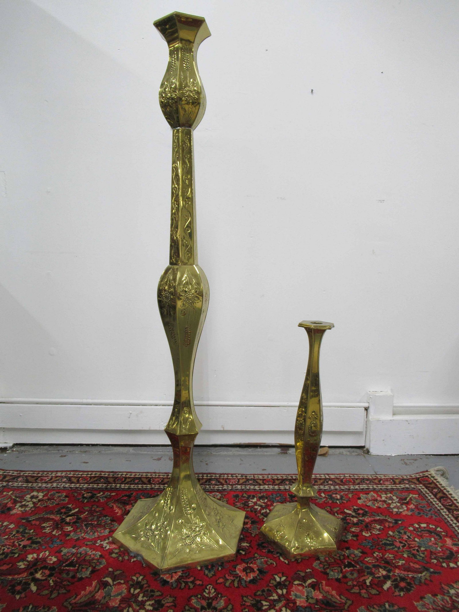 Two Large Brass Embossed Floor Candlesticks (1 of 8)