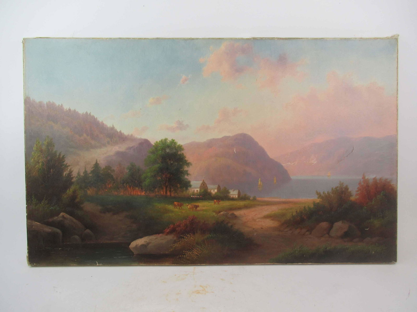 Oil on Canvas Hudson River Scene Landscape & Cows (1 of 5)